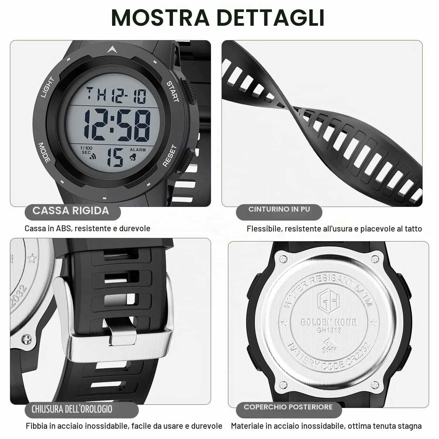 GOLDEN HOUR Gli Orologio Uomo Impermeabilizzano lo Sport di Digital Guarda lo Stile Militare Dell'esposizione di Lettura Dacile Dello Schermo Con la Cinghia - Nero - immagine 3