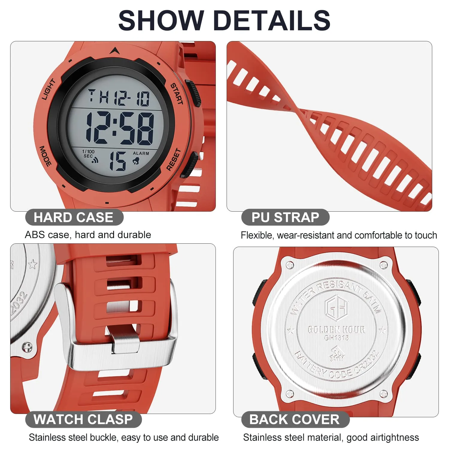 GOLDEN HOUR Gli Orologio Uomo Impermeabilizzano lo Sport di Digital Guarda lo Stile Militare Dell'esposizione di Lettura Dacile Dello Schermo Con la Cinghia - Rosso - immagine 3