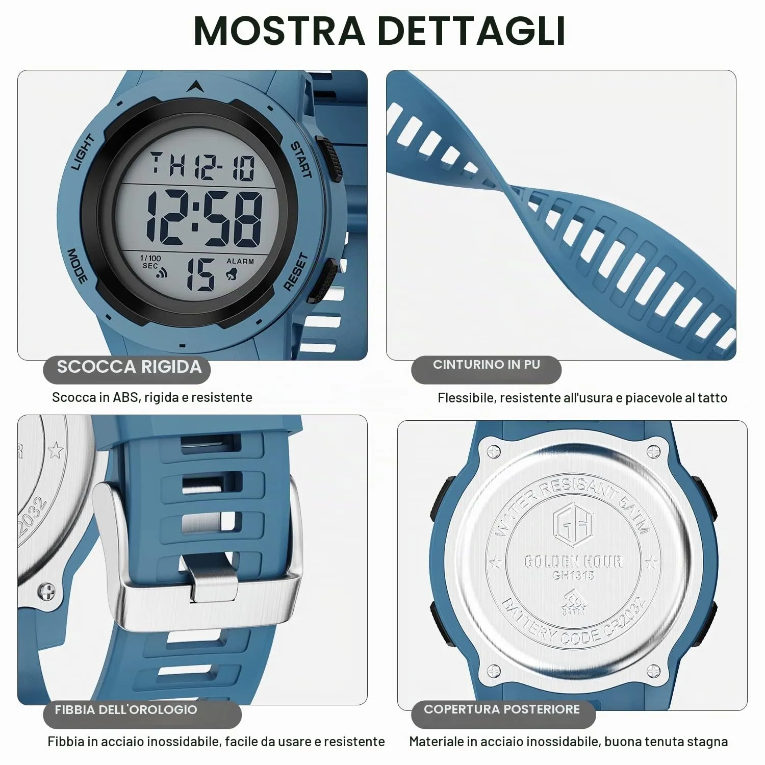 GOLDEN HOUR Gli Orologio Uomo Impermeabilizzano lo Sport di Digital Guarda lo Stile Militare Dell'esposizione di Lettura Dacile Dello Schermo Con la Cinghia - Blu - immagine 3