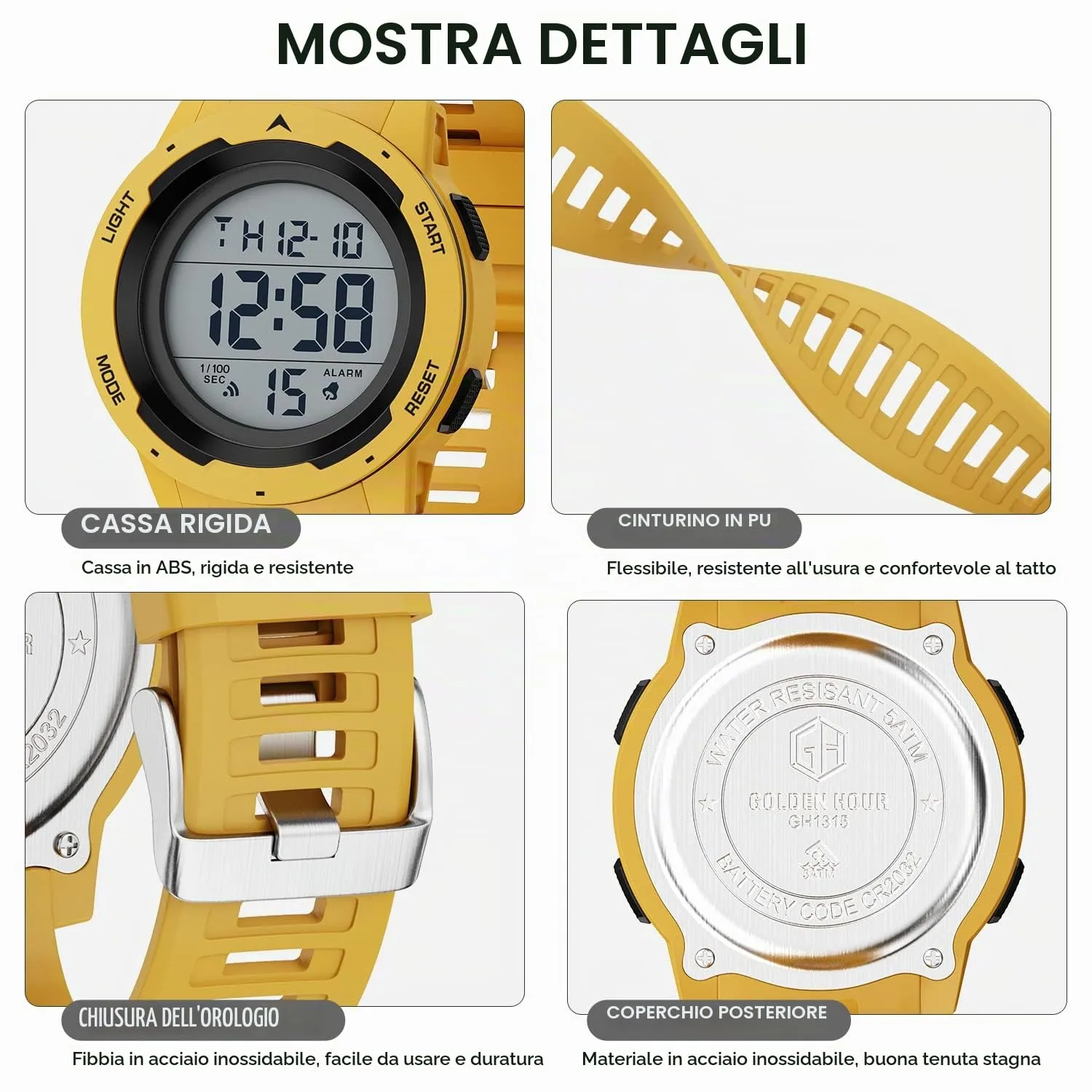 GOLDEN HOUR Gli Orologio Uomo Impermeabilizzano lo Sport di Digital Guarda lo Stile Militare Dell'esposizione di Lettura Dacile Dello Schermo Con la Cinghia - Giallo - immagine 3