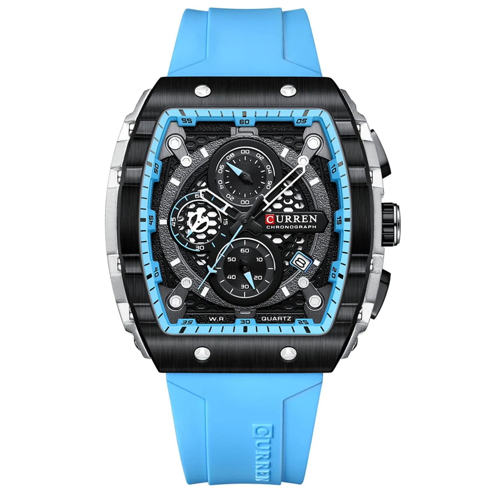 Forsining Orologio da polso analogico al quarzo da uomo, rettangolare, quadrante grande, cinturino in silicone, impermeabile, militare con calendario e data, blu, blu, striscia - immagine 3