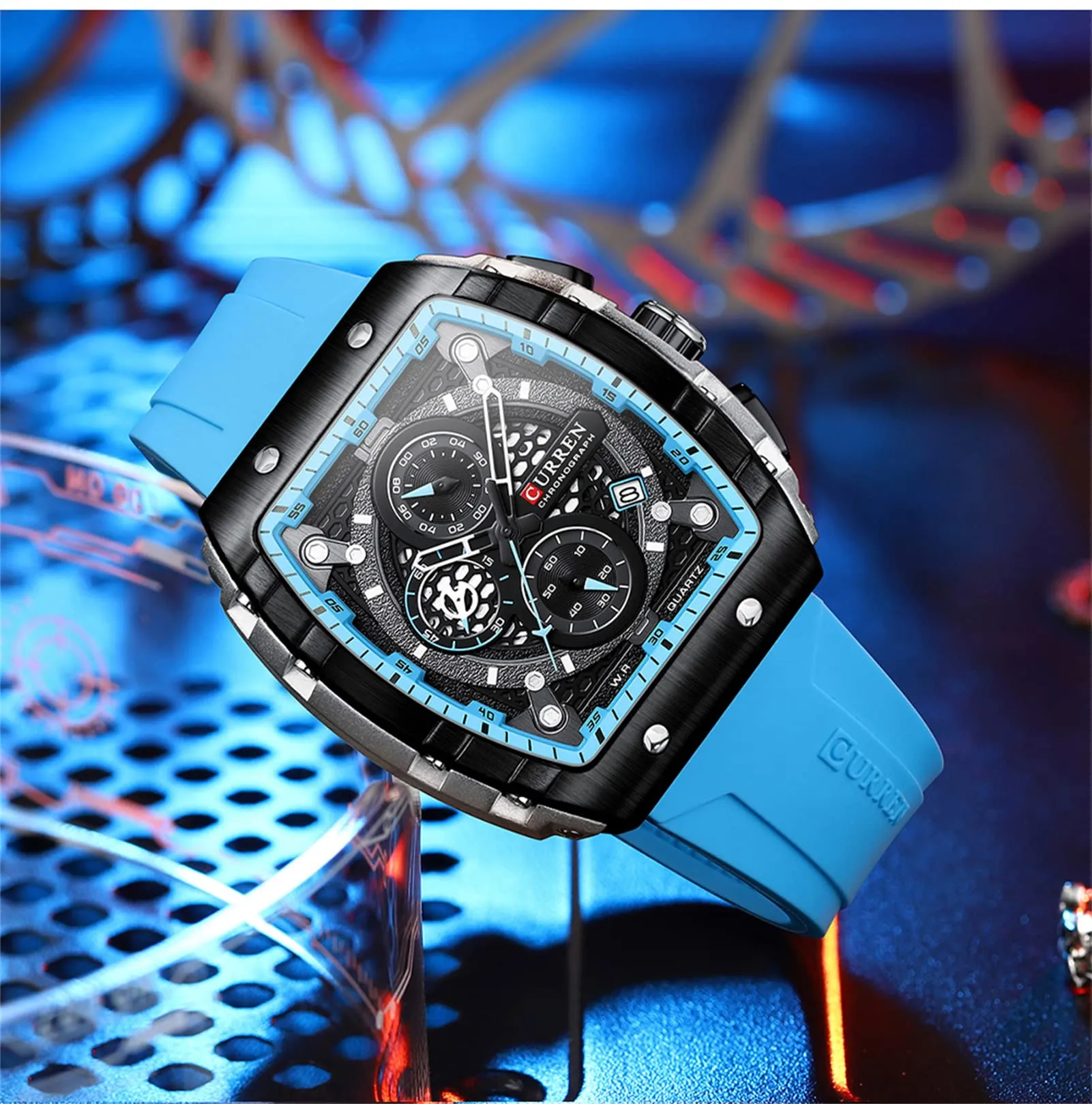 Forsining Orologio da polso analogico al quarzo da uomo, rettangolare, quadrante grande, cinturino in silicone, impermeabile, militare con calendario e data, blu, blu, striscia - immagine 5