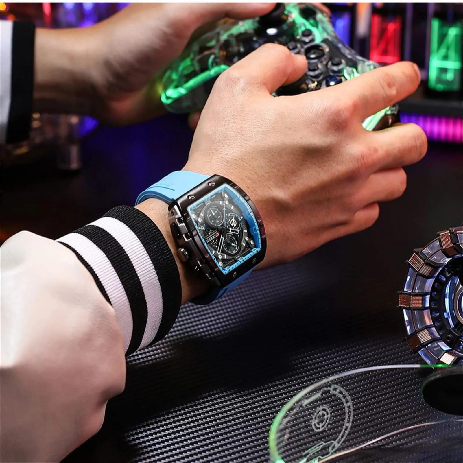 Forsining Orologio da polso analogico al quarzo da uomo, rettangolare, quadrante grande, cinturino in silicone, impermeabile, militare con calendario e data, blu, blu, striscia - immagine 6