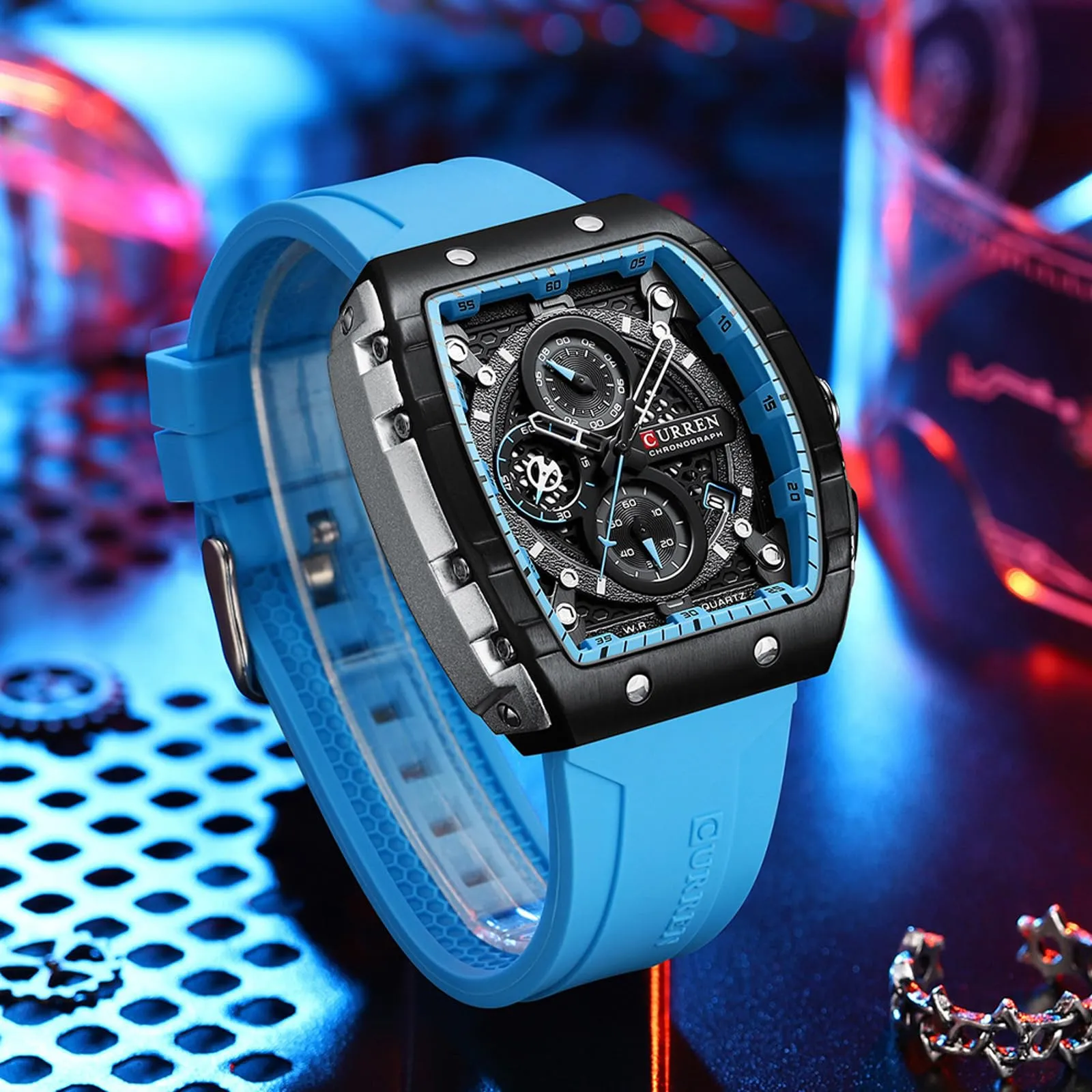 Forsining Orologio da polso analogico al quarzo da uomo, rettangolare, quadrante grande, cinturino in silicone, impermeabile, militare con calendario e data, blu, blu, striscia - immagine 7