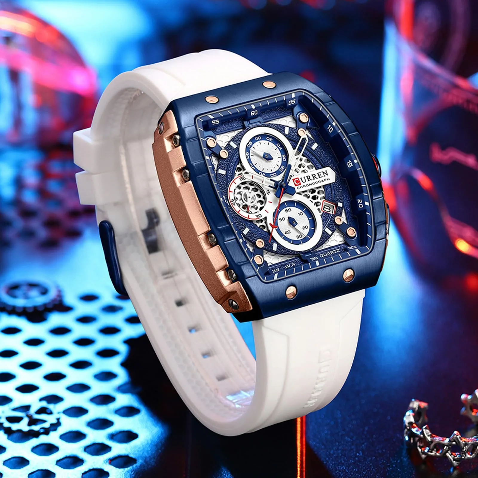 FORSINING Orologio da polso al quarzo analogico da uomo, quadrante grande, rettangolare, cinturino in silicone, impermeabile, stile militare, calendario, data, bianco, Militare - immagine 2