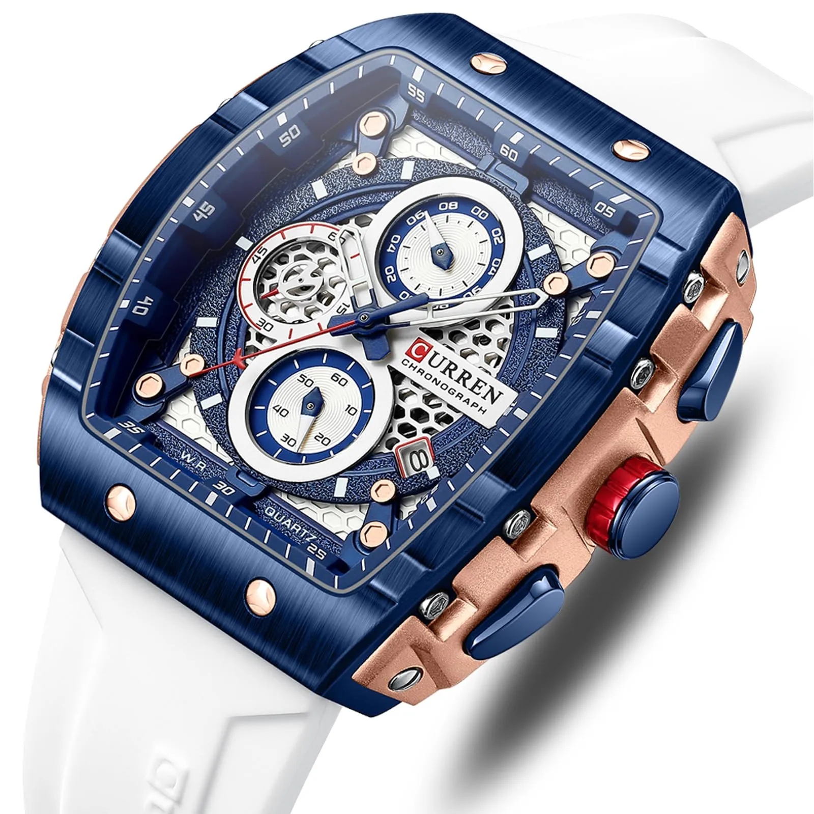FORSINING Orologio da polso al quarzo analogico da uomo, quadrante grande, rettangolare, cinturino in silicone, impermeabile, stile militare, calendario, data, bianco, Militare - immagine 4