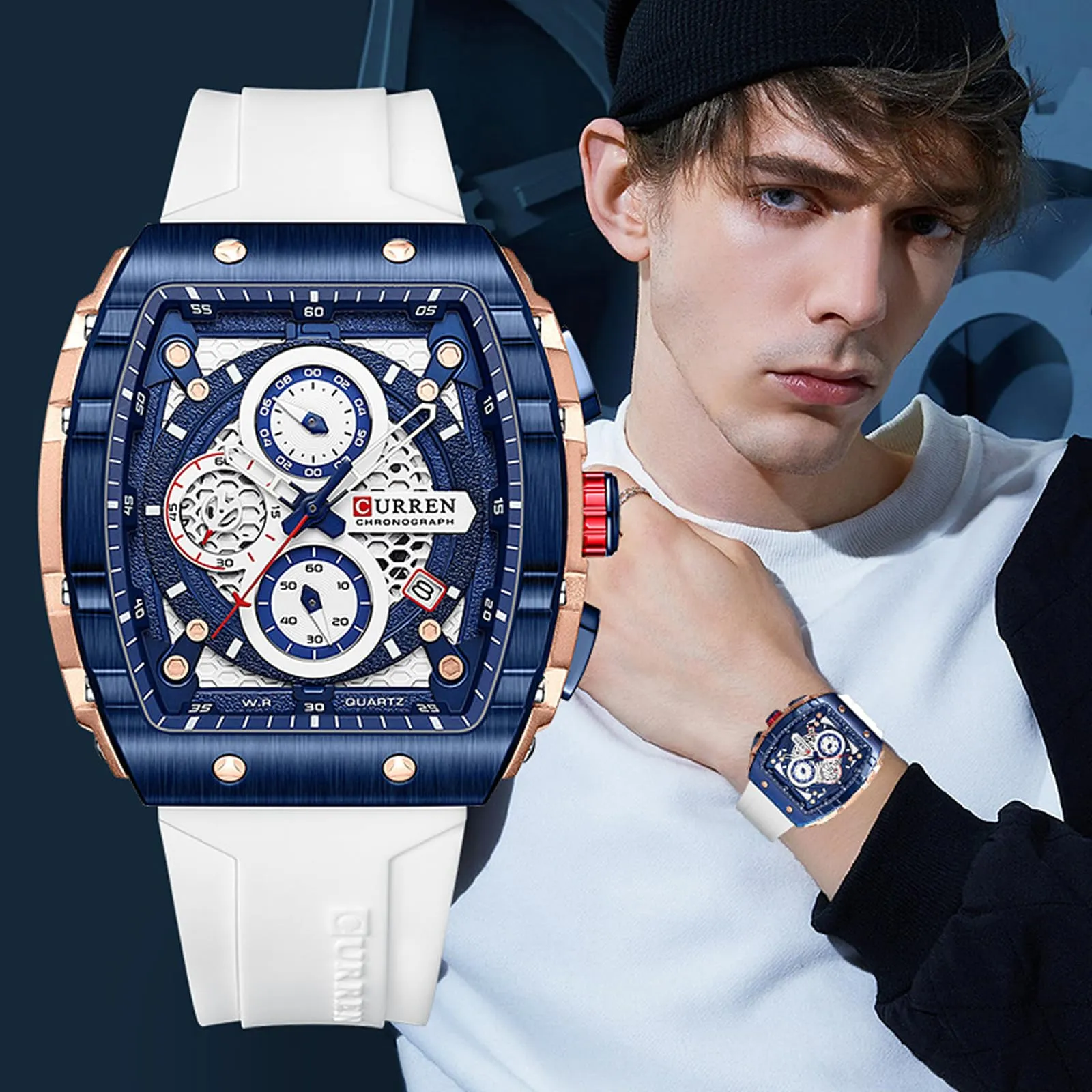 FORSINING Orologio da polso al quarzo analogico da uomo, quadrante grande, rettangolare, cinturino in silicone, impermeabile, stile militare, calendario, data, bianco, Militare - immagine 5