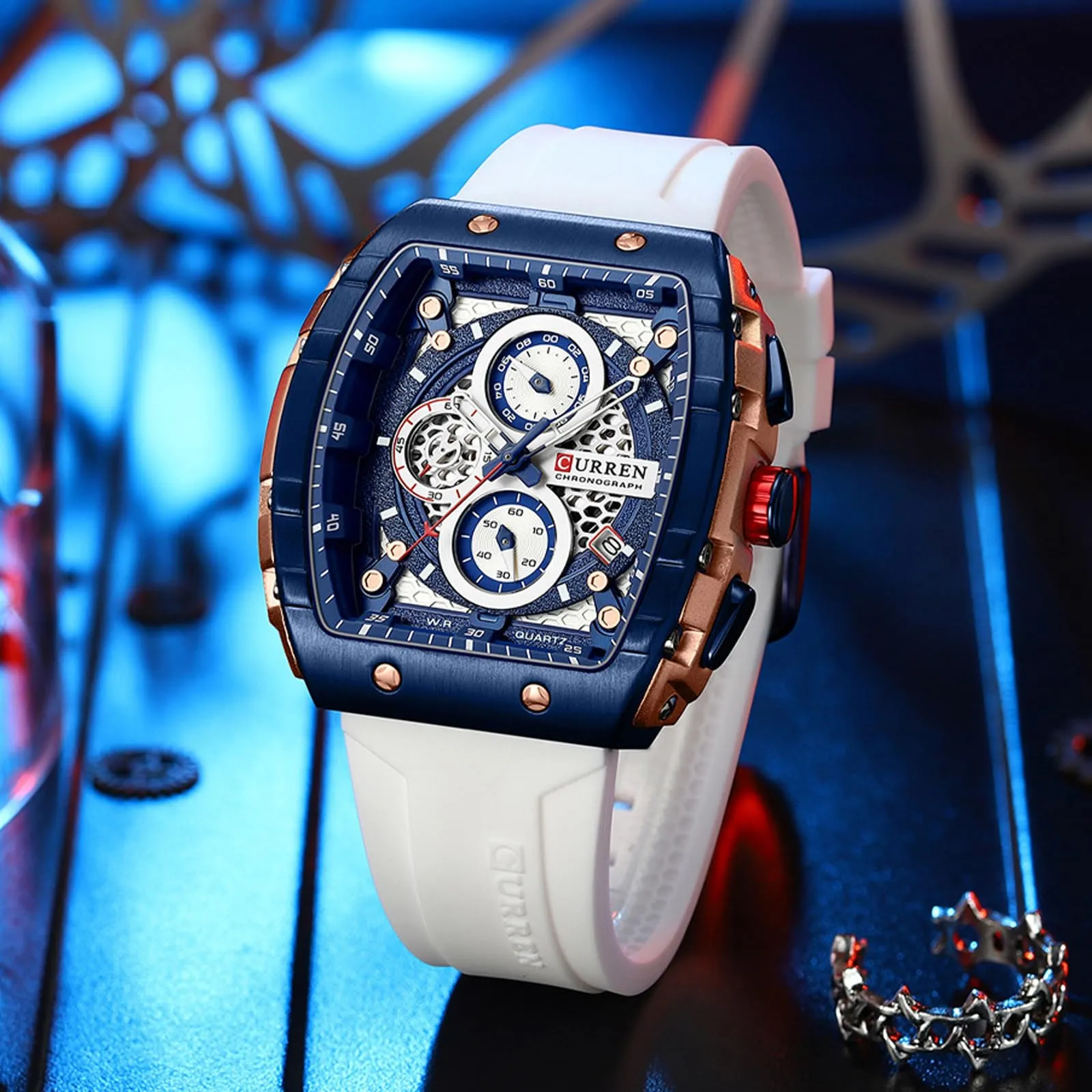 FORSINING Orologio da polso al quarzo analogico da uomo, quadrante grande, rettangolare, cinturino in silicone, impermeabile, stile militare, calendario, data, bianco, Militare - immagine 6
