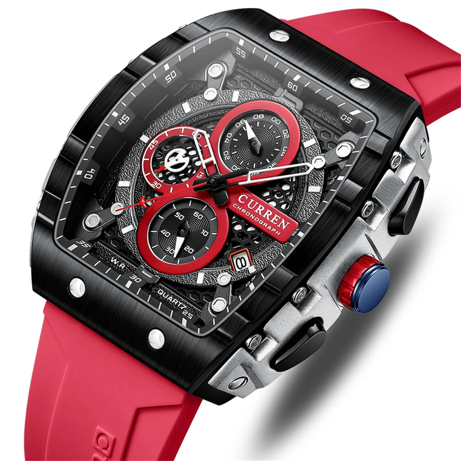 FORSINING Orologio analogico al quarzo da uomo, quadrante grande, rettangolare, cinturino in silicone, impermeabile, calendario e data, Rosso, Cinghia - immagine 2