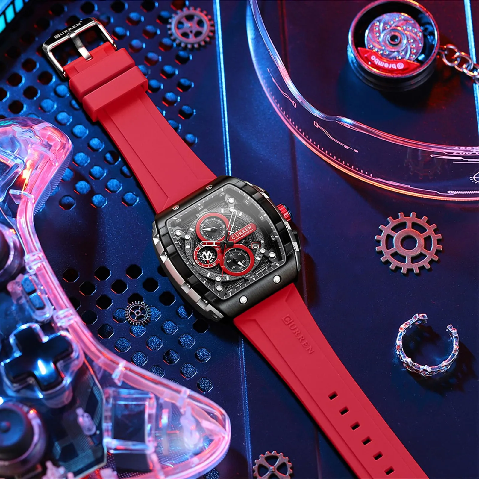 FORSINING Orologio analogico al quarzo da uomo, quadrante grande, rettangolare, cinturino in silicone, impermeabile, calendario e data, Rosso, Cinghia - immagine 3