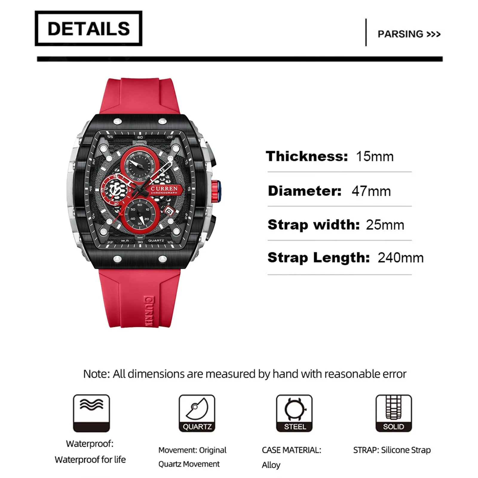 FORSINING Orologio analogico al quarzo da uomo, quadrante grande, rettangolare, cinturino in silicone, impermeabile, calendario e data, Rosso, Cinghia - immagine 4