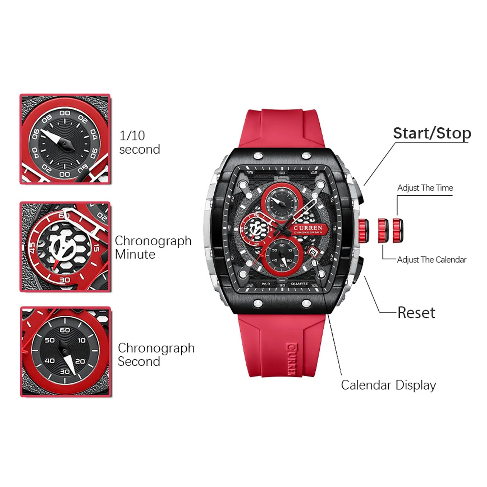 FORSINING Orologio analogico al quarzo da uomo, quadrante grande, rettangolare, cinturino in silicone, impermeabile, calendario e data, Rosso, Cinghia - immagine 5