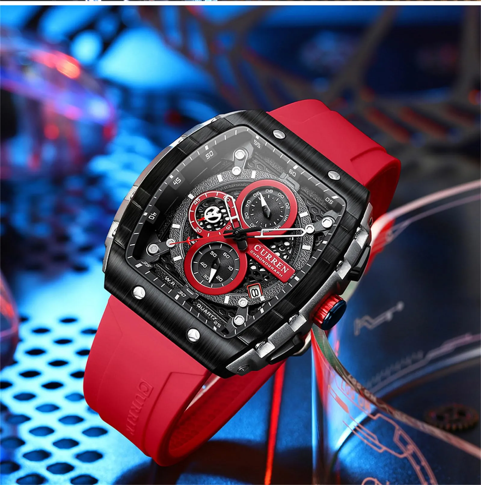 FORSINING Orologio analogico al quarzo da uomo, quadrante grande, rettangolare, cinturino in silicone, impermeabile, calendario e data, Rosso, Cinghia - immagine 6