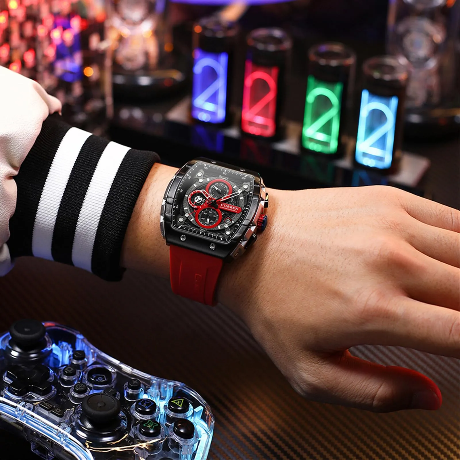 FORSINING Orologio analogico al quarzo da uomo, quadrante grande, rettangolare, cinturino in silicone, impermeabile, calendario e data, Rosso, Cinghia - immagine 7