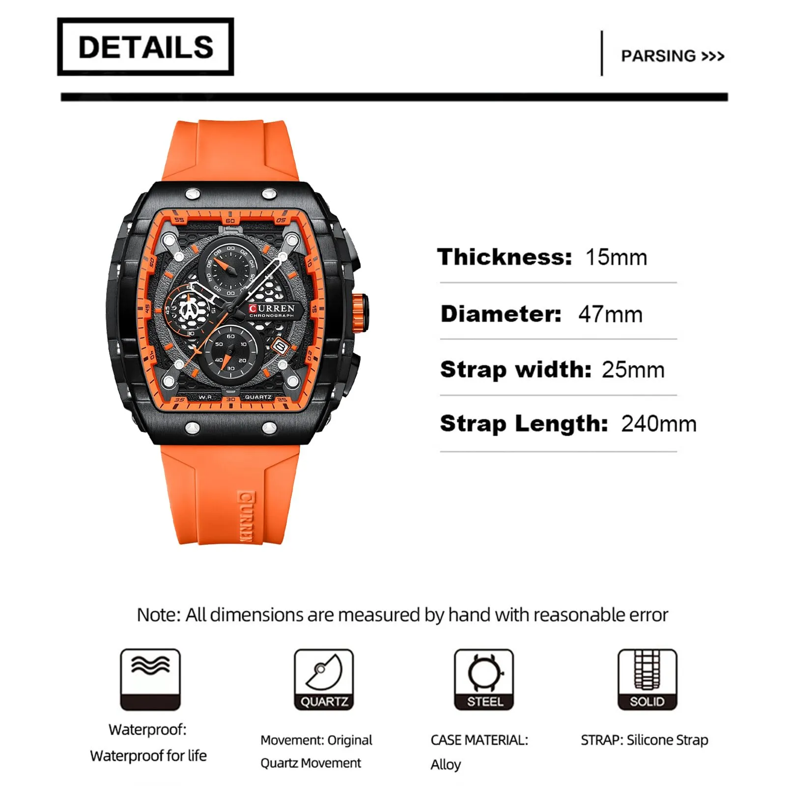 FORSINING Orologio da polso da uomo, alla moda, analogico, al quarzo, rettangolare, grande quadrante, cinturino in silicone, impermeabile, militare, calendario, data, arancio, militare - immagine 3