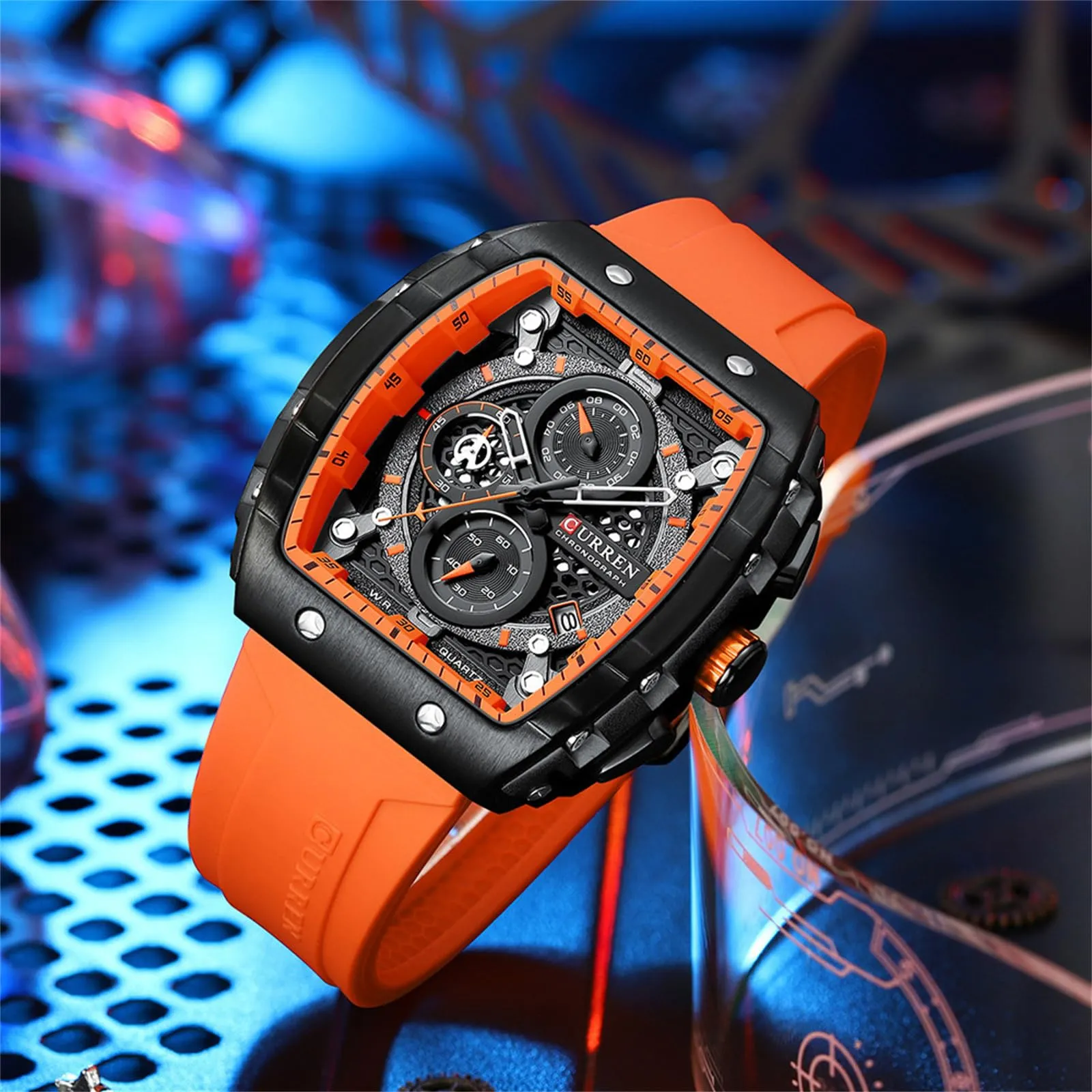 FORSINING Orologio da polso da uomo, alla moda, analogico, al quarzo, rettangolare, grande quadrante, cinturino in silicone, impermeabile, militare, calendario, data, arancio, militare - immagine 4
