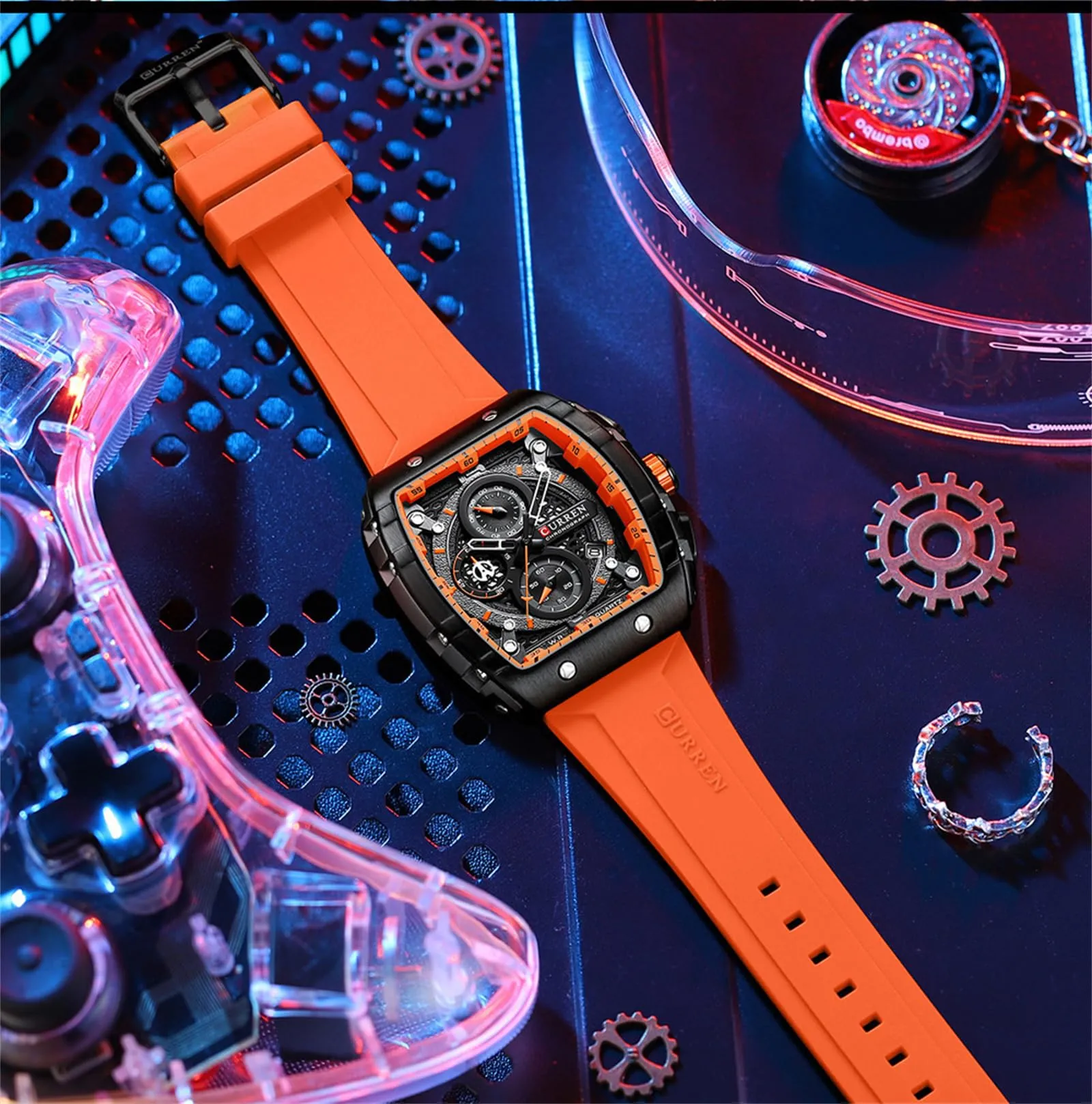 FORSINING Orologio da polso da uomo, alla moda, analogico, al quarzo, rettangolare, grande quadrante, cinturino in silicone, impermeabile, militare, calendario, data, arancio, militare - immagine 5
