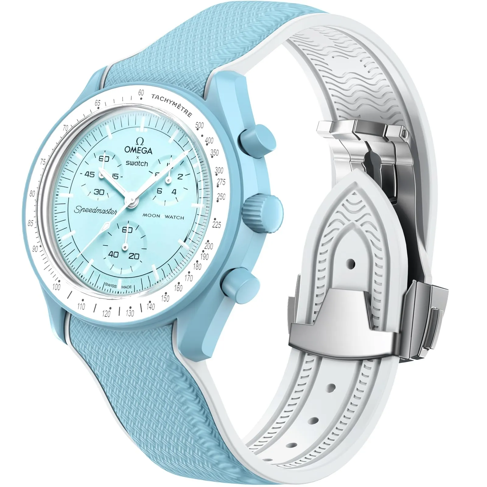 Cinturino per orologio Omega x Swatch MoonSwatch da 20 mm, cinturino pieghevole con fibbia compatibile con Omega X, Swatch Moonswatch Speedmaster, curvo senza spazi vuoti, cinturino di (Azzurro) - immagine 1