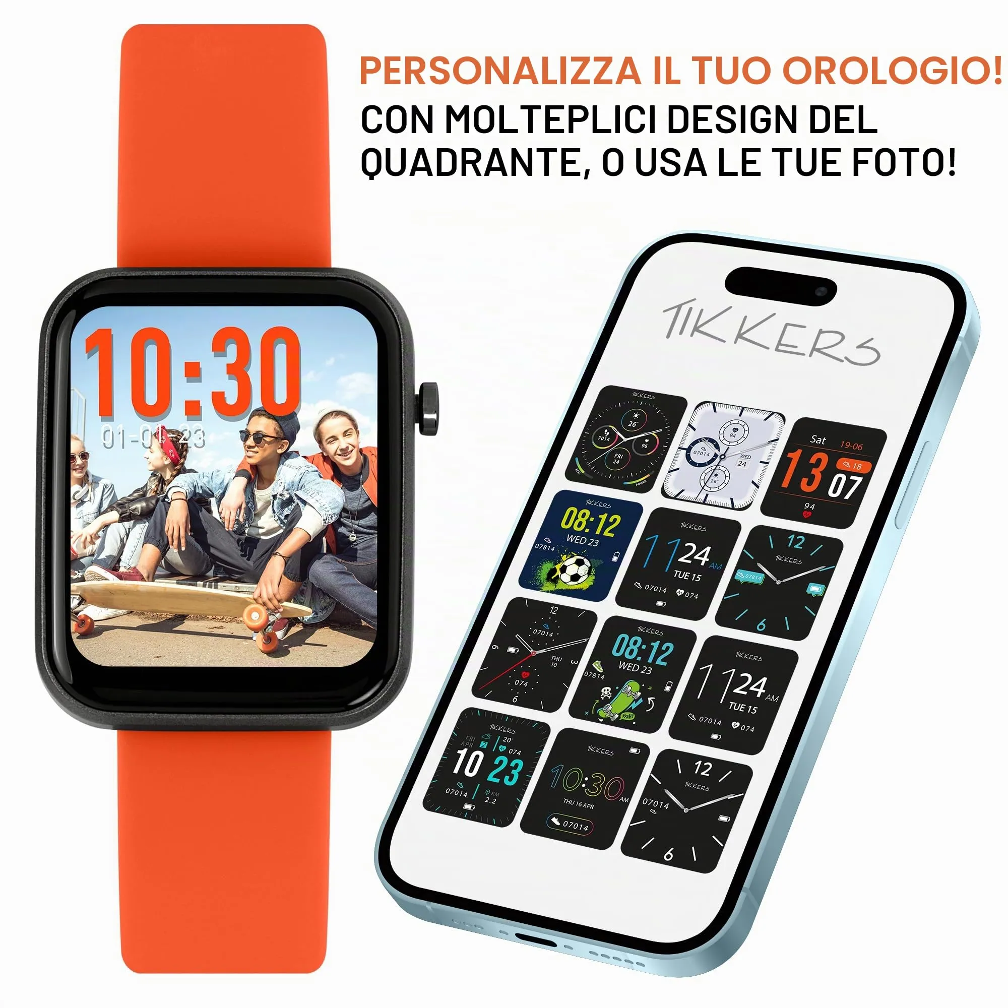 Tikkers Kids Series 13 Smart Watch con Fitness Tracker, sveglia, fotocamera, connessione GPS, cardiofrequenzimetro, contapassi, touch screen, cinturino in silicone arancione, Arancione, misura unica - immagine 2