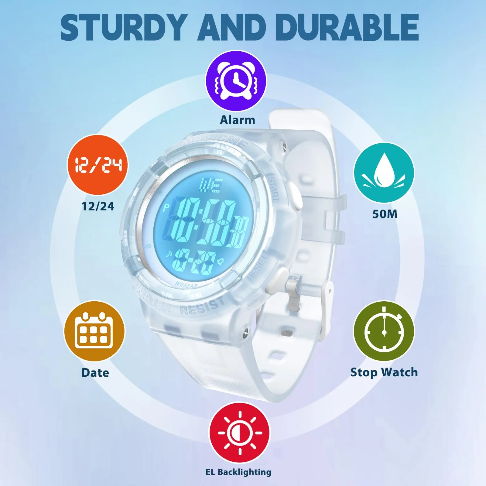 Bigmeda Orologio Bambini Digitale Impermeabile 50 M, da Polso per Ragazzi con Luce LED, Insegnamento con Cinturino in Silicone (Trasparente Blu) - immagine 2