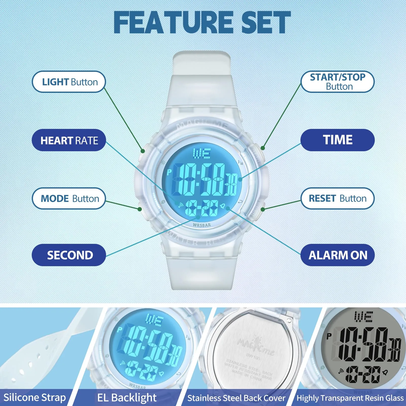 Bigmeda Orologio Bambini Digitale Impermeabile 50 M, da Polso per Ragazzi con Luce LED, Insegnamento con Cinturino in Silicone (Trasparente Blu) - immagine 3