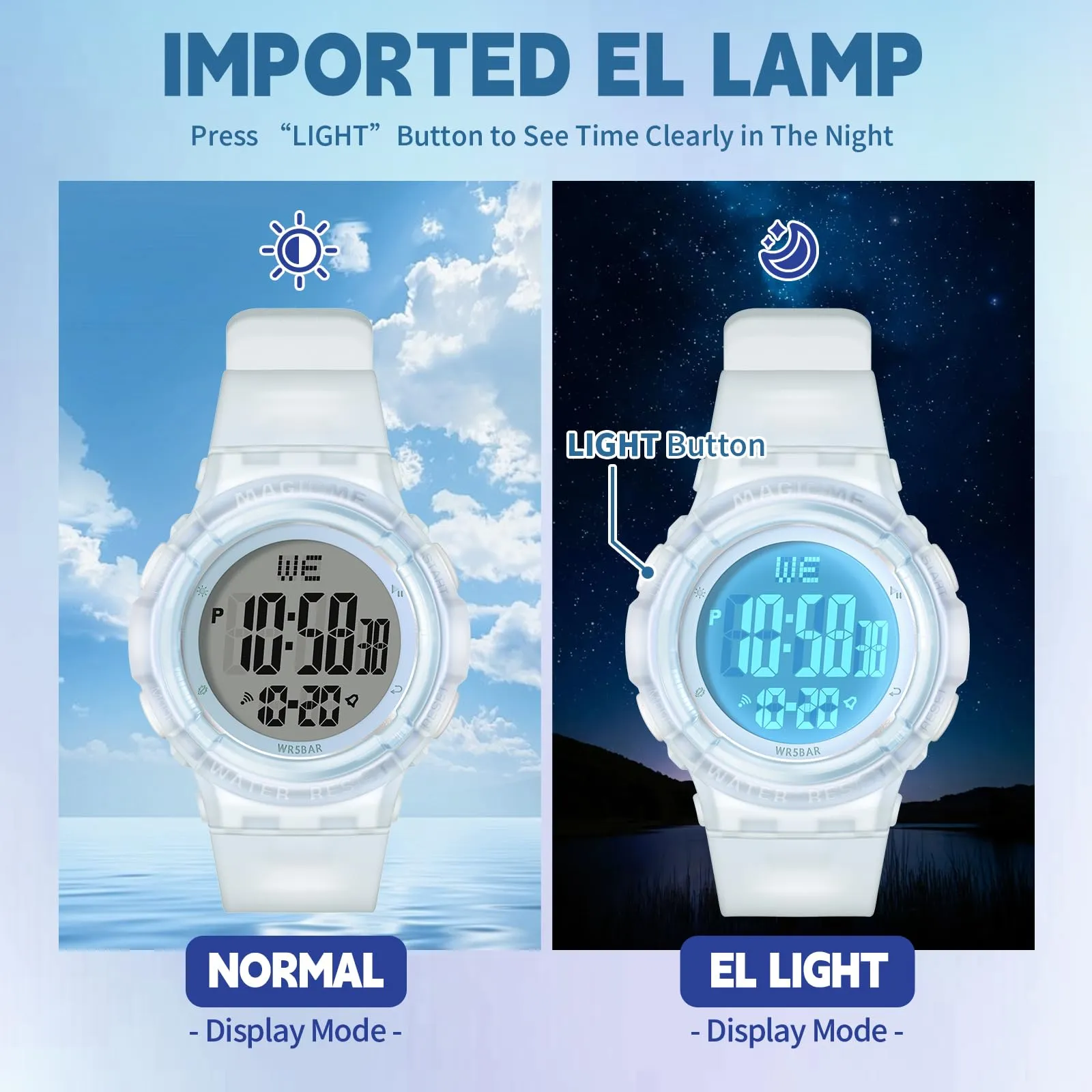 Bigmeda Orologio Bambini Digitale Impermeabile 50 M, da Polso per Ragazzi con Luce LED, Insegnamento con Cinturino in Silicone (Trasparente Blu) - immagine 4