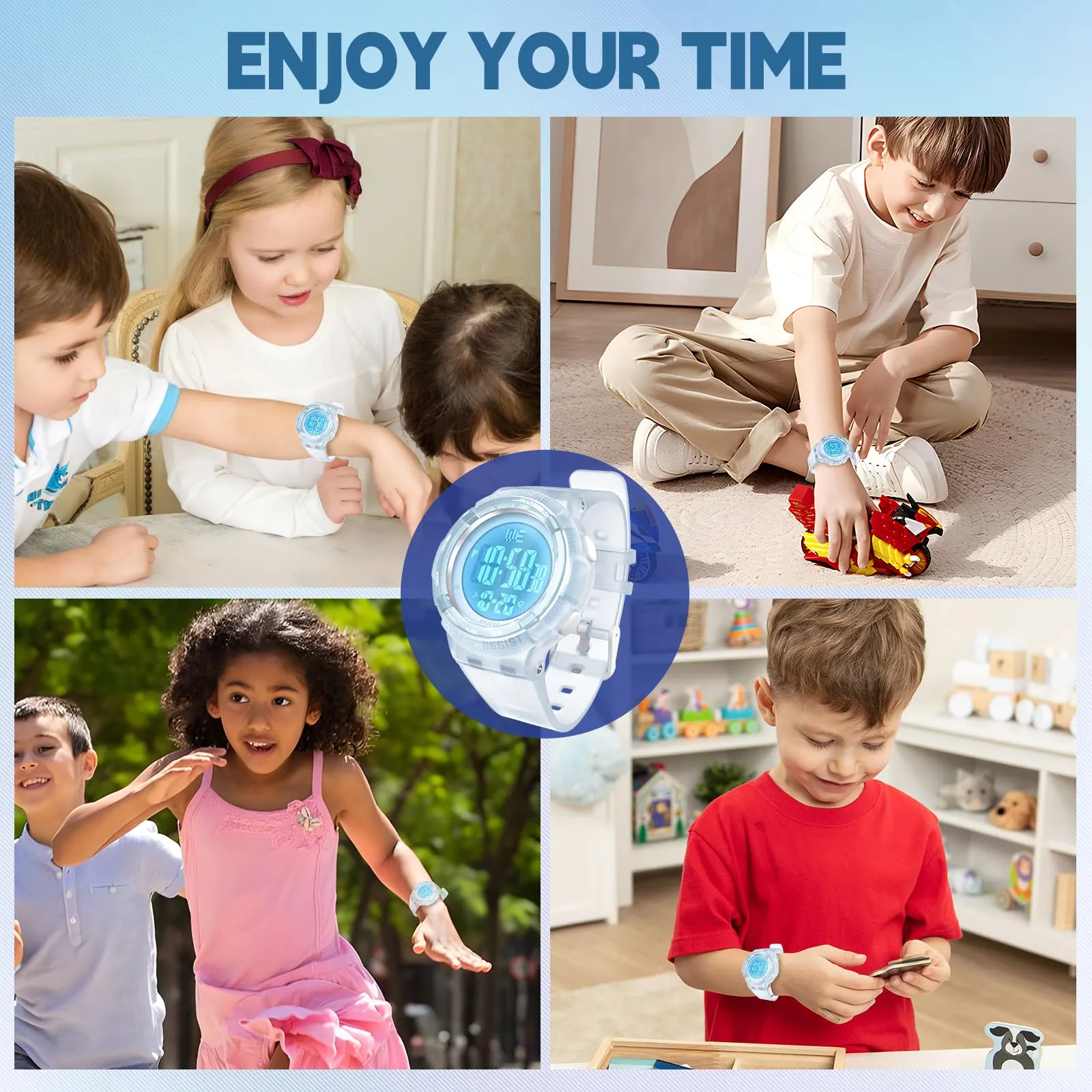 Bigmeda Orologio Bambini Digitale Impermeabile 50 M, da Polso per Ragazzi con Luce LED, Insegnamento con Cinturino in Silicone (Trasparente Blu) - immagine 7