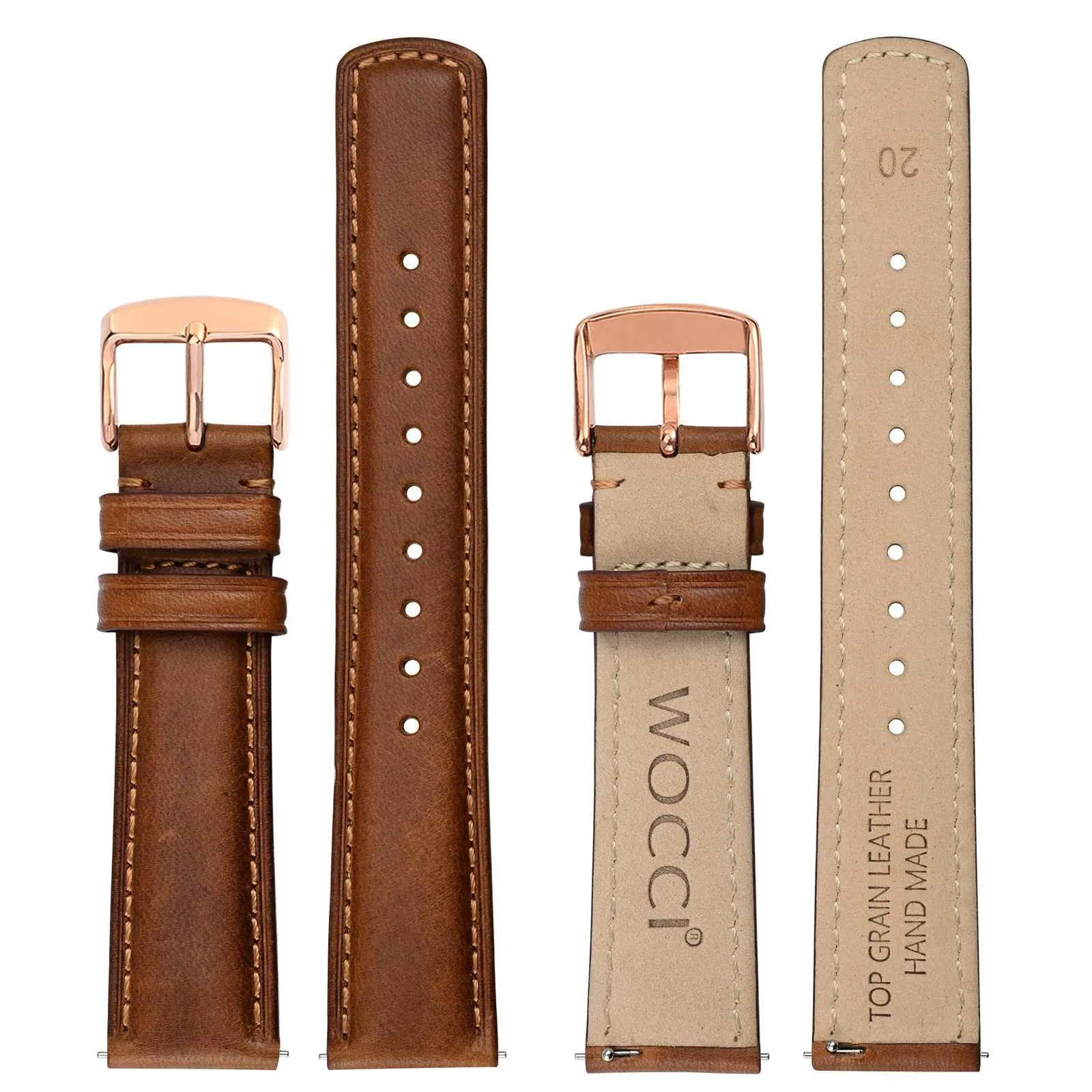WOCCI 20mm Cinturino Orologio per Uomo e Donna, Vera Pelle - Pelle Grana Superiore, Sgancio Rapido, Fibbia Oro Rosa (Marrone Dorato) - immagine 3