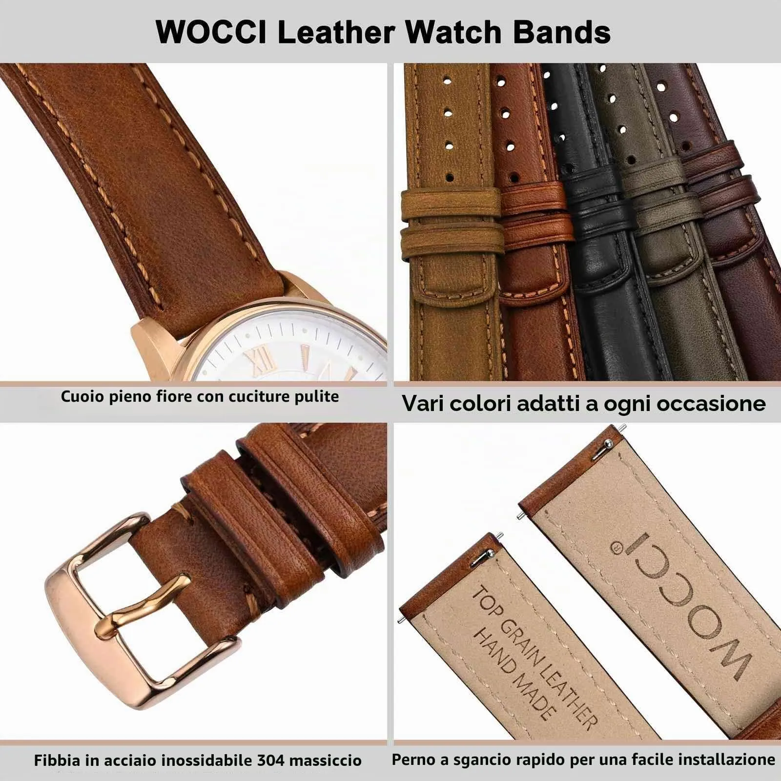 WOCCI 20mm Cinturino Orologio per Uomo e Donna, Vera Pelle - Pelle Grana Superiore, Sgancio Rapido, Fibbia Oro Rosa (Marrone Dorato) - immagine 4