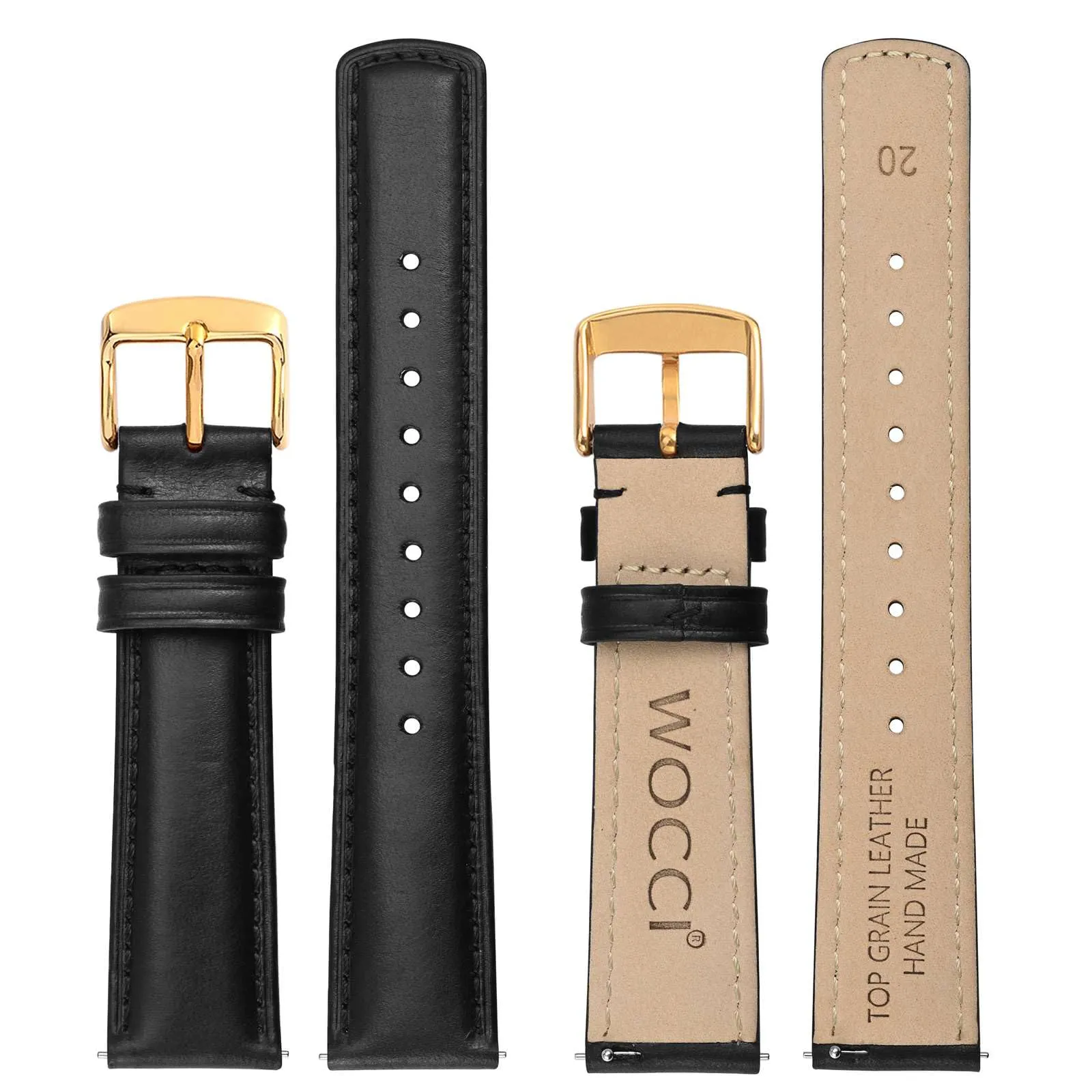 WOCCI 20mm Cinturino Orologio per Uomo e Donna, Vera Pelle - Pelle Grana Superiore, Sgancio Rapido, Fibbia Oro (Nero) - immagine 3