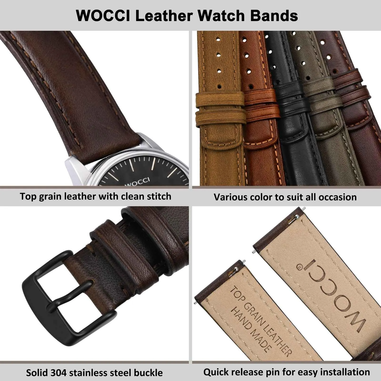 WOCCI 20mm Cinturino Orologio per Uomo e Donna, Vera Pelle - Pelle Grana Superiore, Sgancio Rapido, Fibbia Nera (Marrone Scuro) - immagine 4