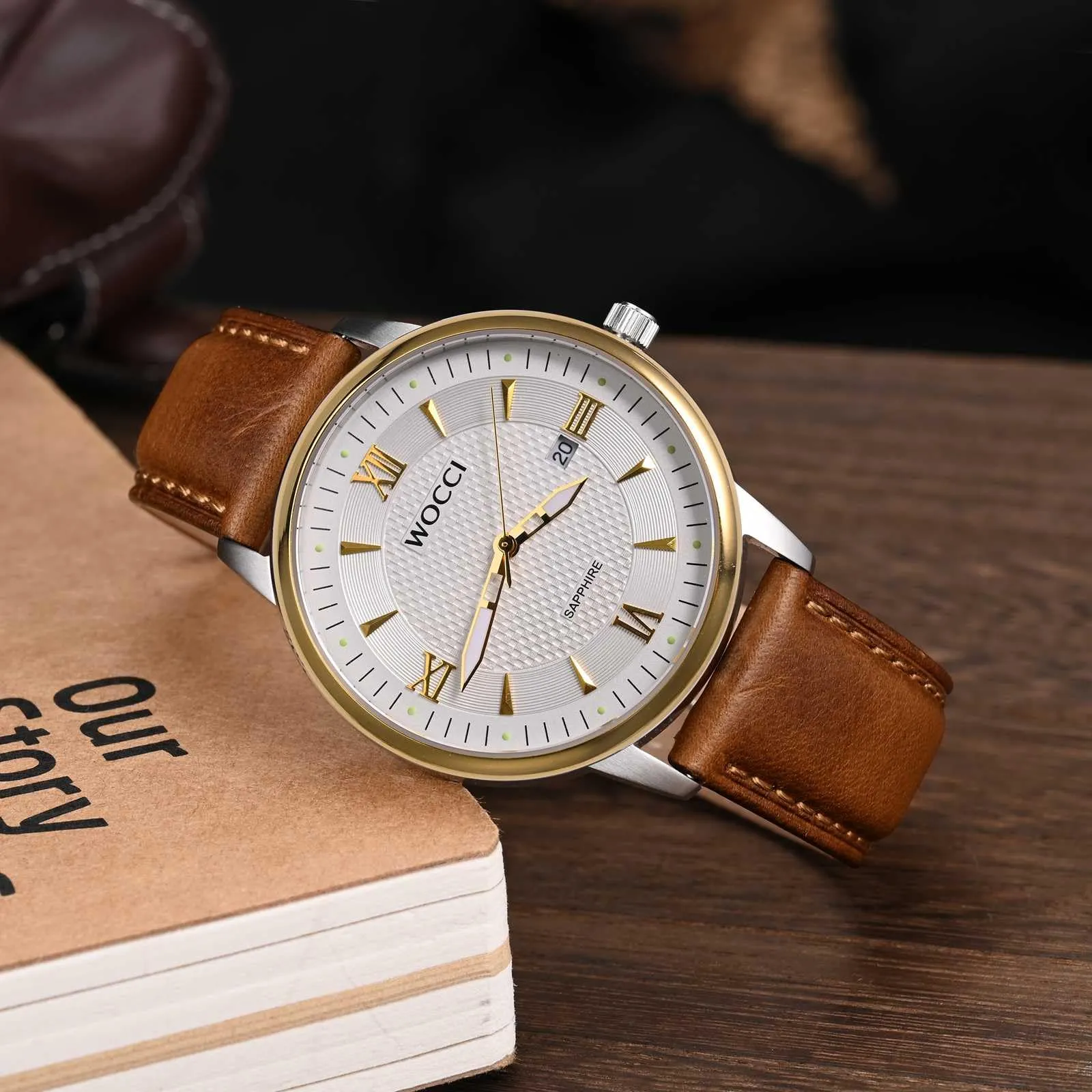 WOCCI 22mm Cinturino Orologio per Uomo e Donna, Vera Pelle - Pelle Grana Superiore, Sgancio Rapido, Fibbia Oro (Marrone Dorato) - immagine 2