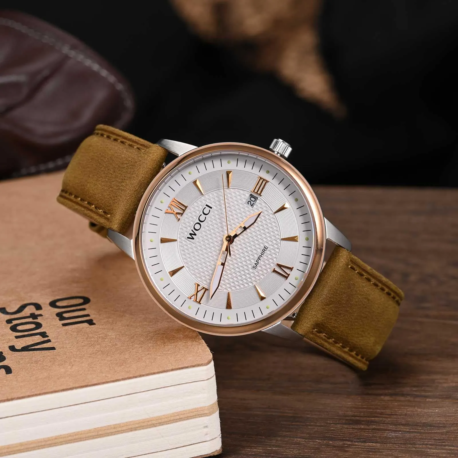 WOCCI 20mm Cinturino Orologio per Uomo e Donna, Vera Pelle - Pelle Grana Superiore, Sgancio Rapido, Fibbia Oro Rosa (Cammello) - immagine 2
