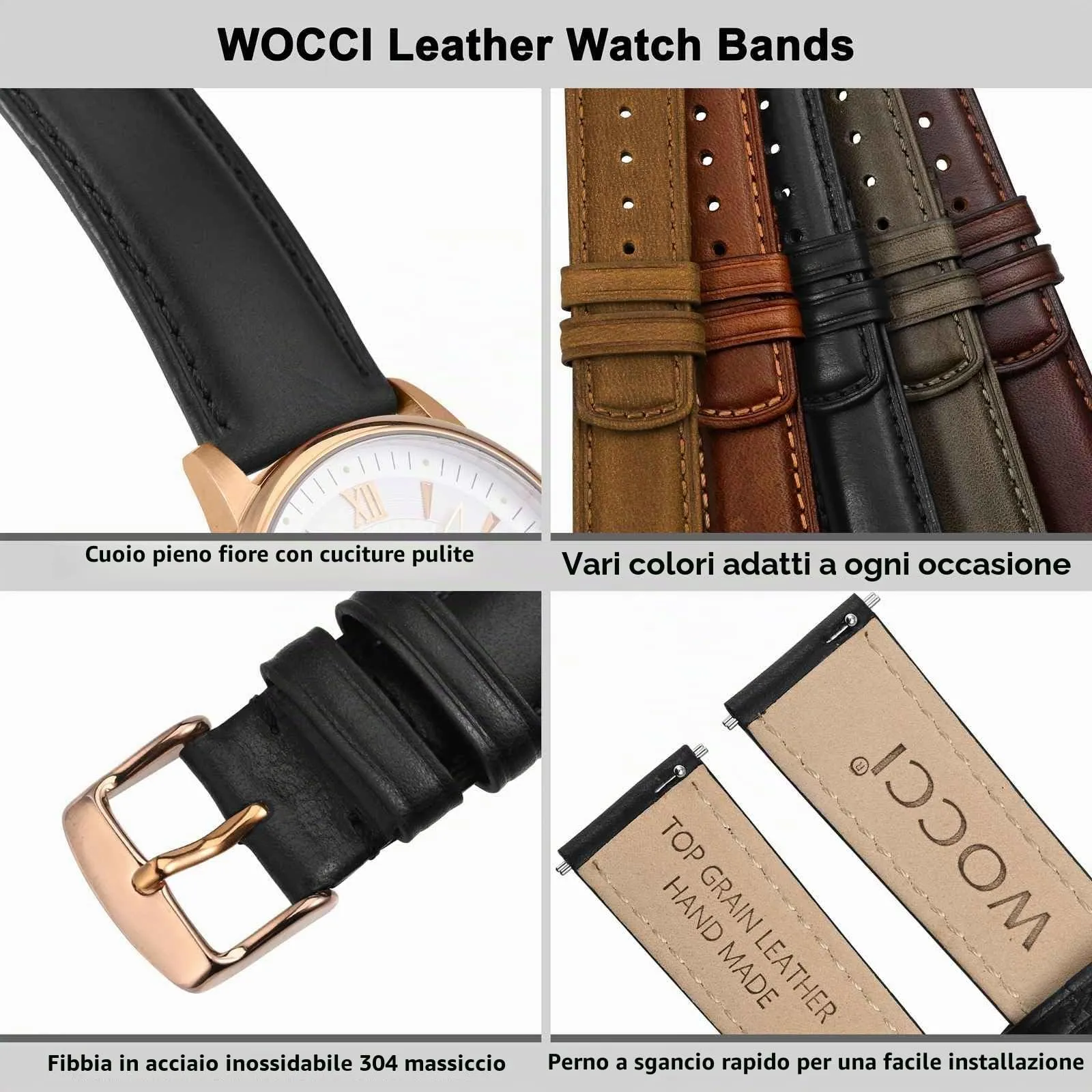 WOCCI 20mm Cinturino Orologio per Uomo e Donna, Vera Pelle - Pelle Grana Superiore, Sgancio Rapido, Fibbia Oro Rosa (Nero) - immagine 4