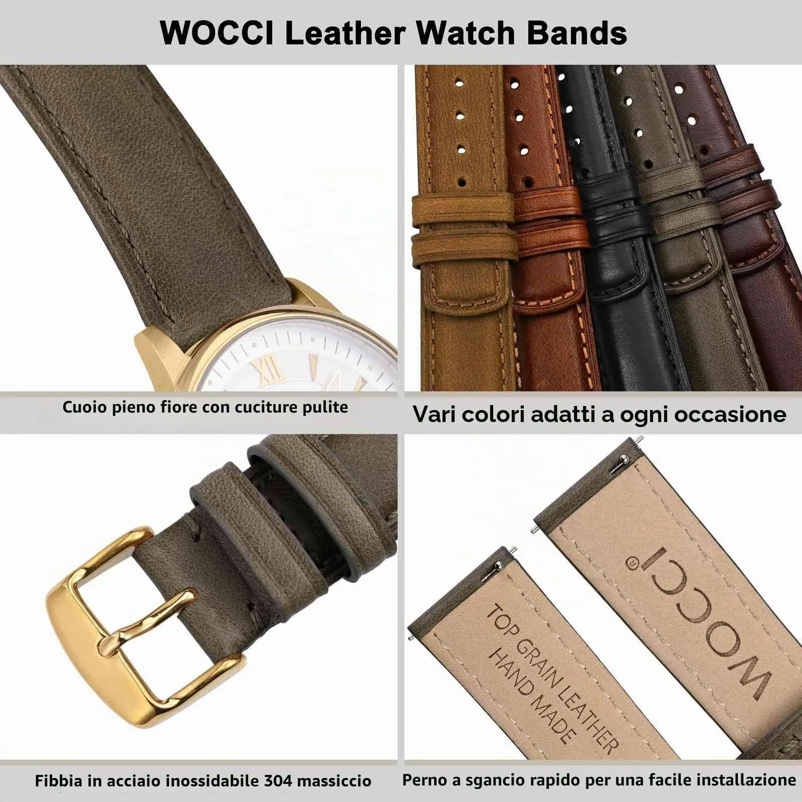 WOCCI 18mm Cinturino Orologio per Uomo e Donna, Vera Pelle - Pelle Grana Superiore, Sgancio Rapido, Fibbia Oro (Grigio Fumo) - immagine 4