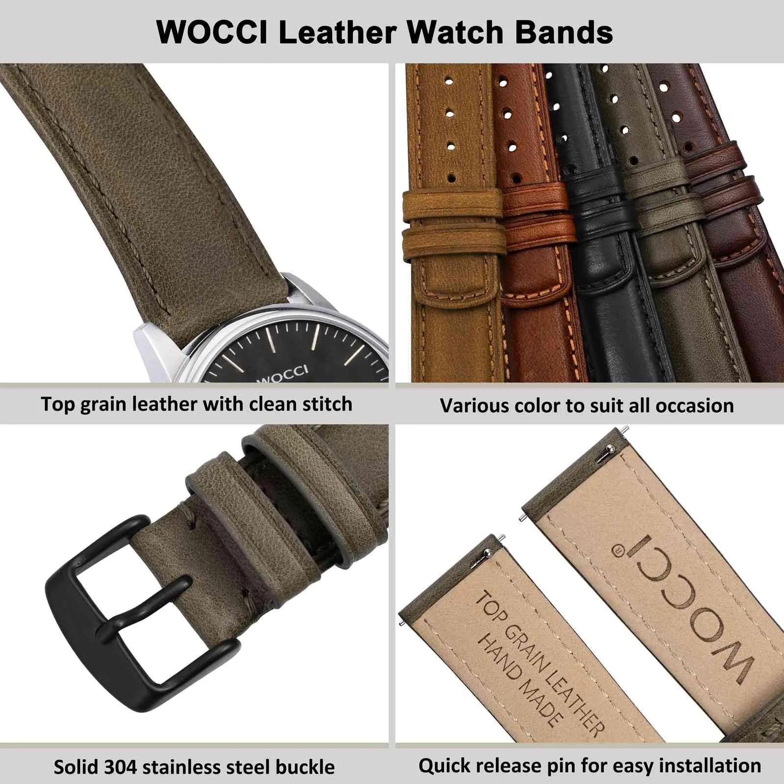 WOCCI 18mm Cinturino Orologio per Uomo e Donna, Vera Pelle - Pelle Grana Superiore, Sgancio Rapido, Fibbia Nera (Grigio Fumo) - immagine 4