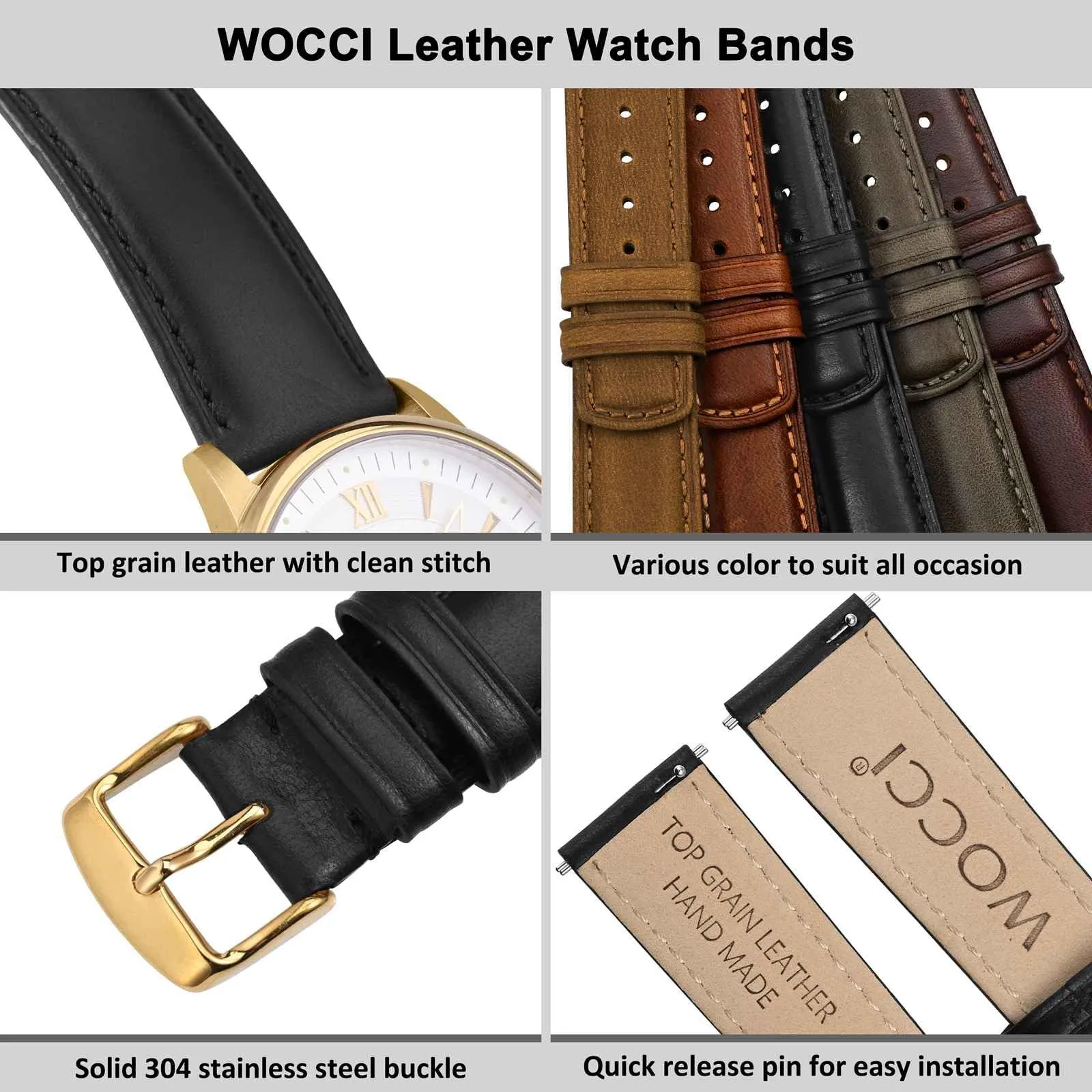 WOCCI 18mm Cinturino Orologio per Uomo e Donna, Vera Pelle - Pelle Grana Superiore, Sgancio Rapido, Fibbia Oro (Nero) - immagine 4