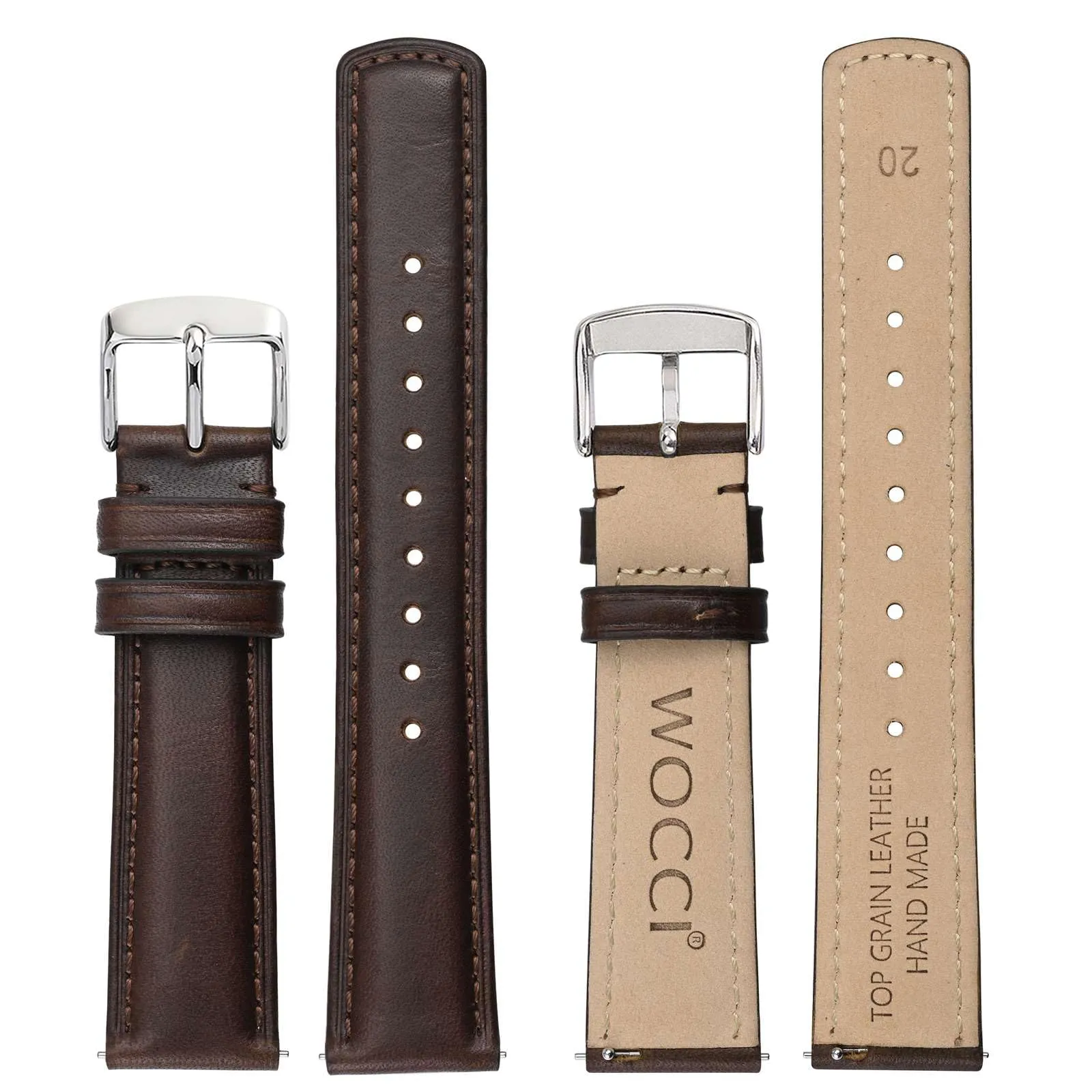 WOCCI 20mm Cinturino Orologio per Uomo e Donna, Vera Pelle - Pelle Grana Superiore, Sgancio Rapido, Fibbia Argento (Marrone Scuro) - immagine 3