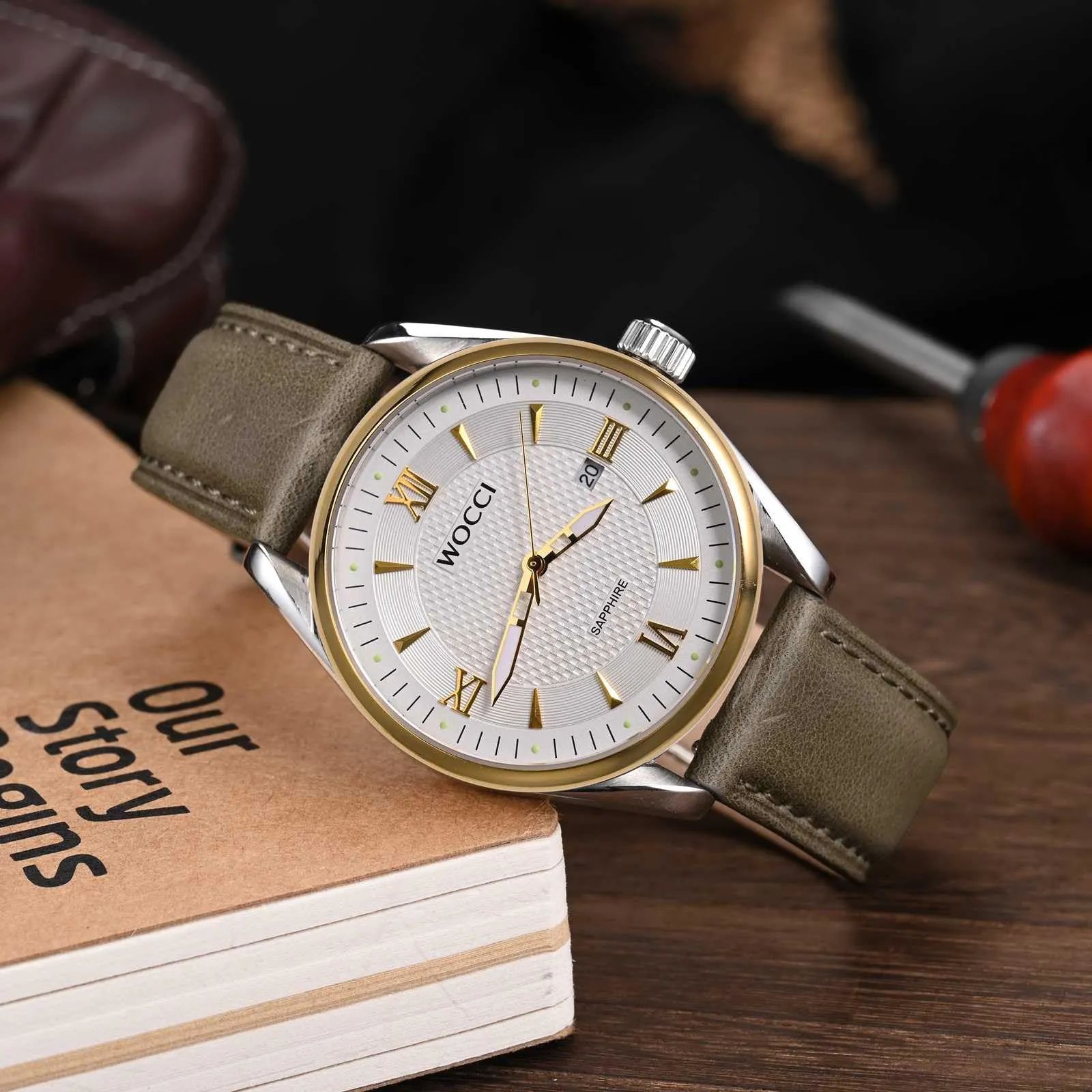 WOCCI 22mm Cinturino Orologio per Uomo e Donna, Vera Pelle - Pelle Grana Superiore, Sgancio Rapido, Fibbia Oro (Grigio Fumo) - immagine 2