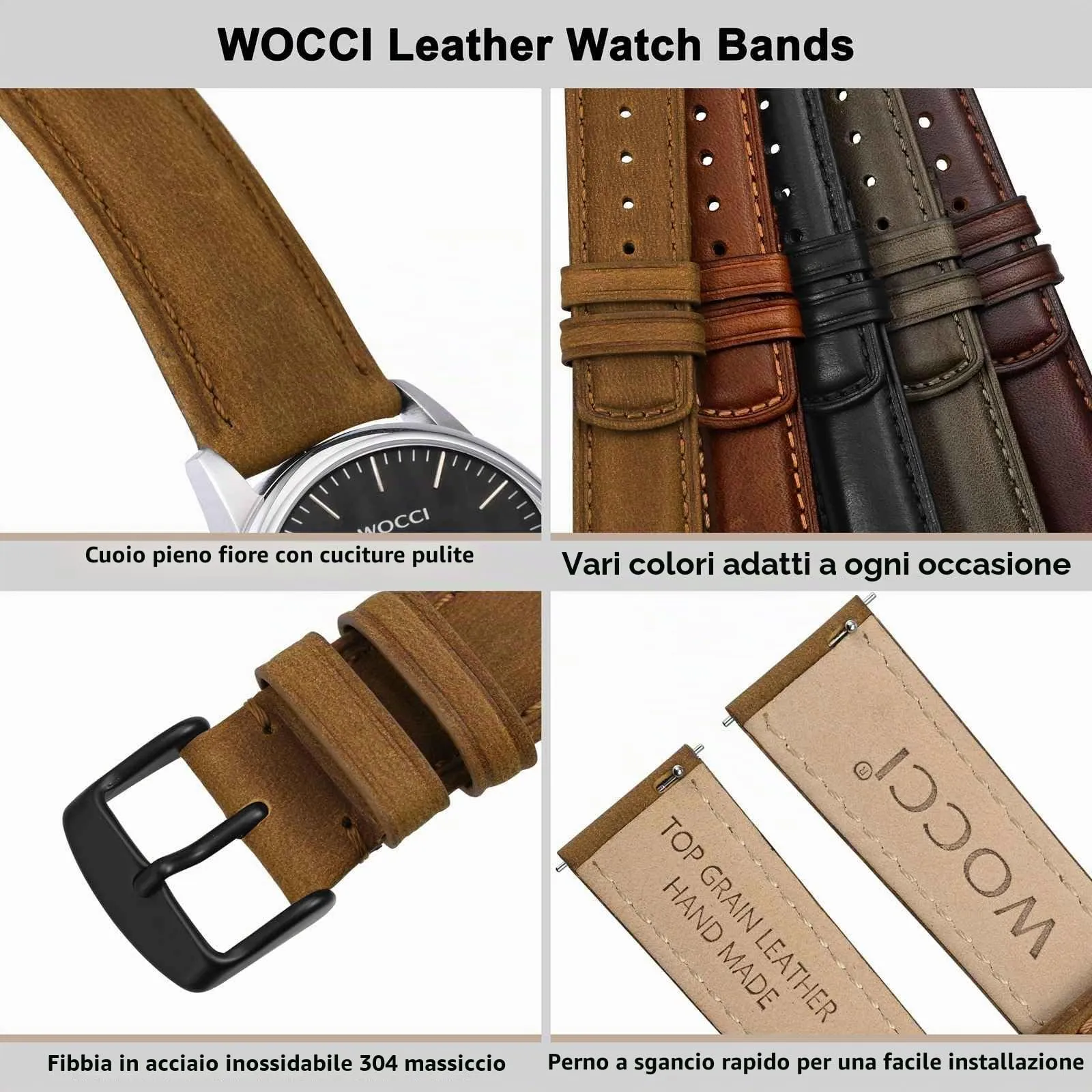 WOCCI 18mm Cinturino Orologio per Uomo e Donna, Vera Pelle - Pelle Grana Superiore, Sgancio Rapido, Fibbia Nera (Cammello) - immagine 4