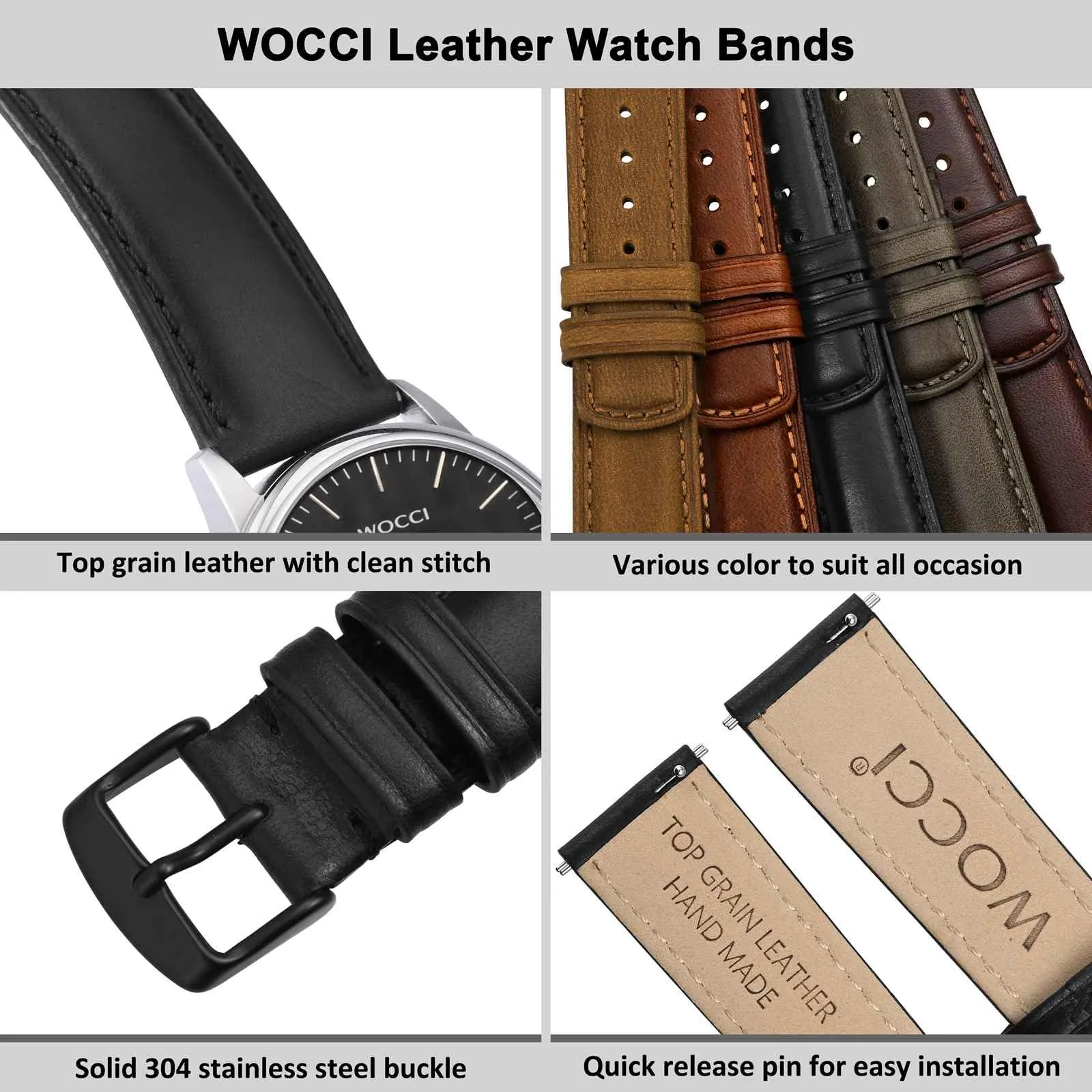 WOCCI 18mm Cinturino Orologio per Uomo e Donna, Vera Pelle - Pelle Grana Superiore, Sgancio Rapido, Fibbia Nera (Nero) - immagine 4
