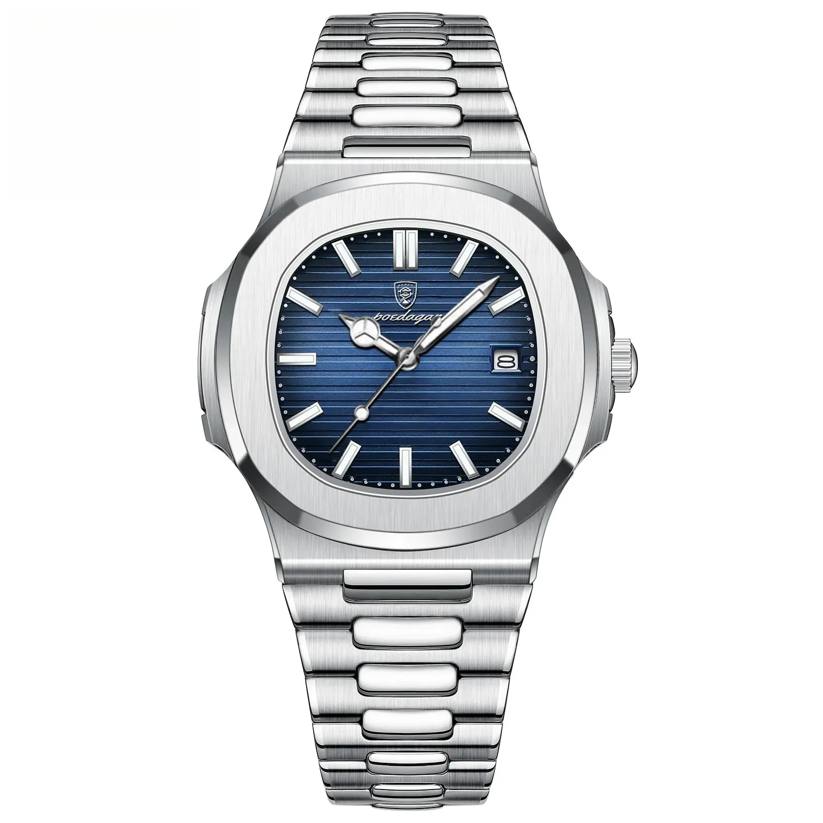 Poedagar - Orologio da uomo alla moda, da polso, da business, in acciaio inossidabile, al quarzo, impermeabile, luminoso, con data, quadrante quadrato, Bracciale - immagine 1