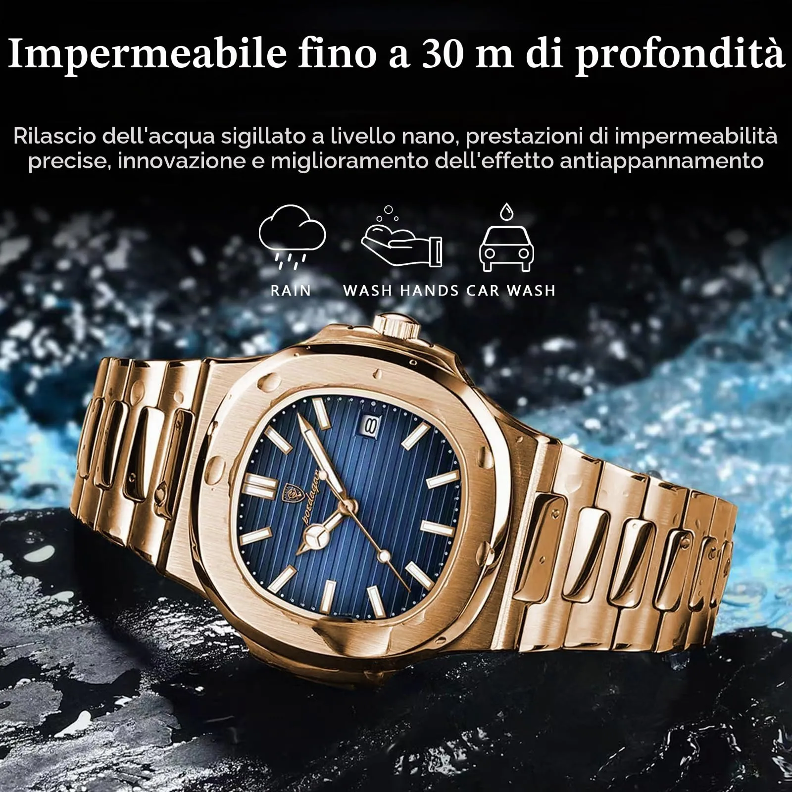 Poedagar - Orologio da uomo alla moda, da polso, da lavoro, in acciaio inossidabile, al quarzo, impermeabile, luminoso, con data, quadrante quadrato, classico - immagine 2