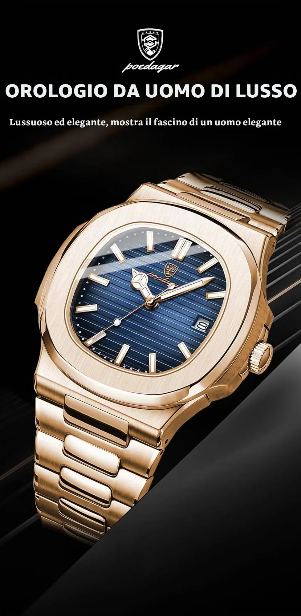 Poedagar - Orologio da uomo alla moda, da polso, da lavoro, in acciaio inossidabile, al quarzo, impermeabile, luminoso, con data, quadrante quadrato, classico - immagine 5