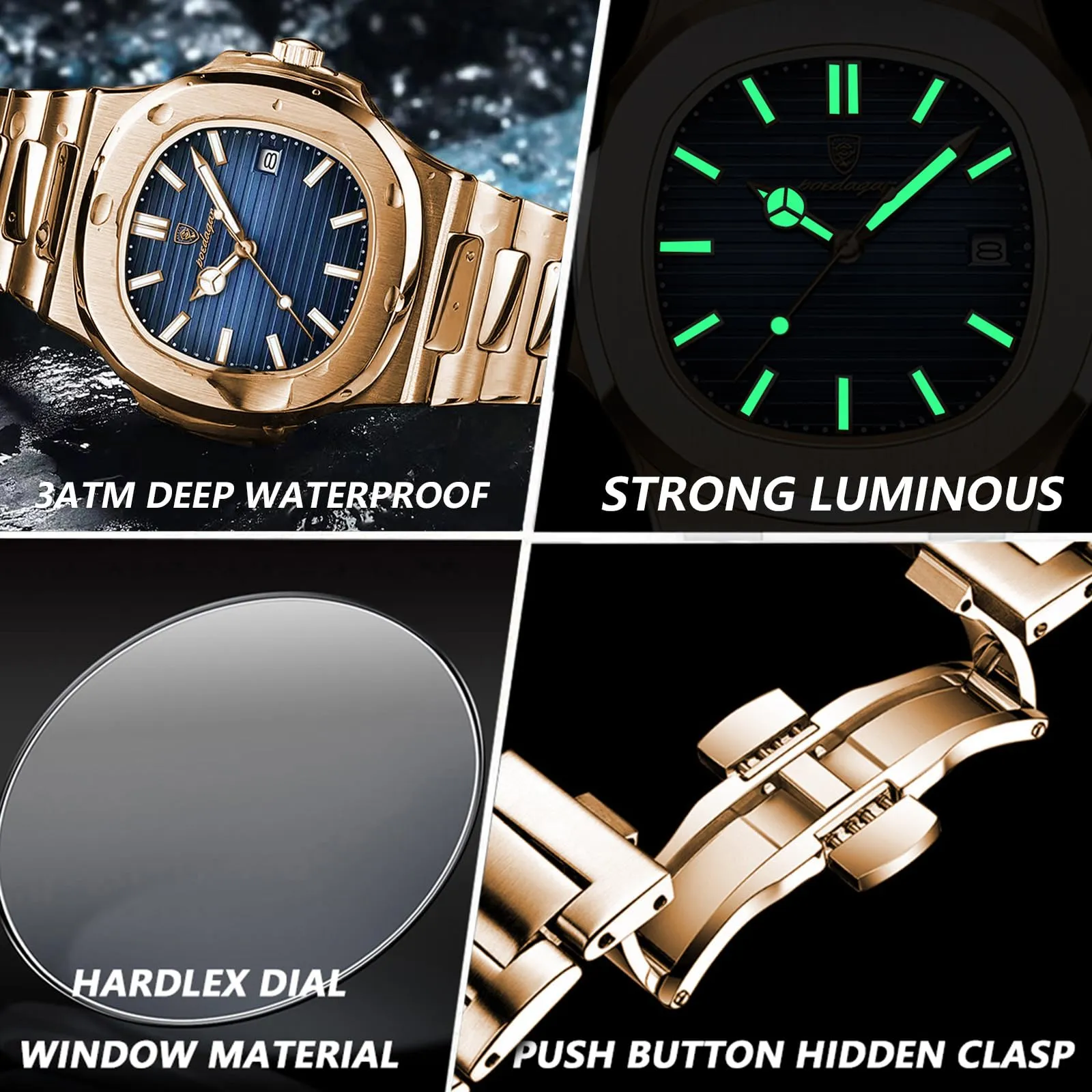 Poedagar - Orologio da uomo alla moda, da polso, da business, in acciaio inossidabile, al quarzo, impermeabile, luminoso, con data, quadrante quadrato, moderno - immagine 3