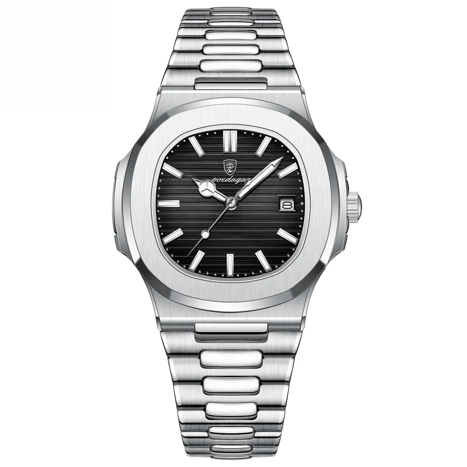 Poedagar Orologio da polso da uomo alla moda, cinturino in acciaio inox, al quarzo, impermeabile, luminoso, con data, quadrato, da uomo, Argento Nero S - immagine 1