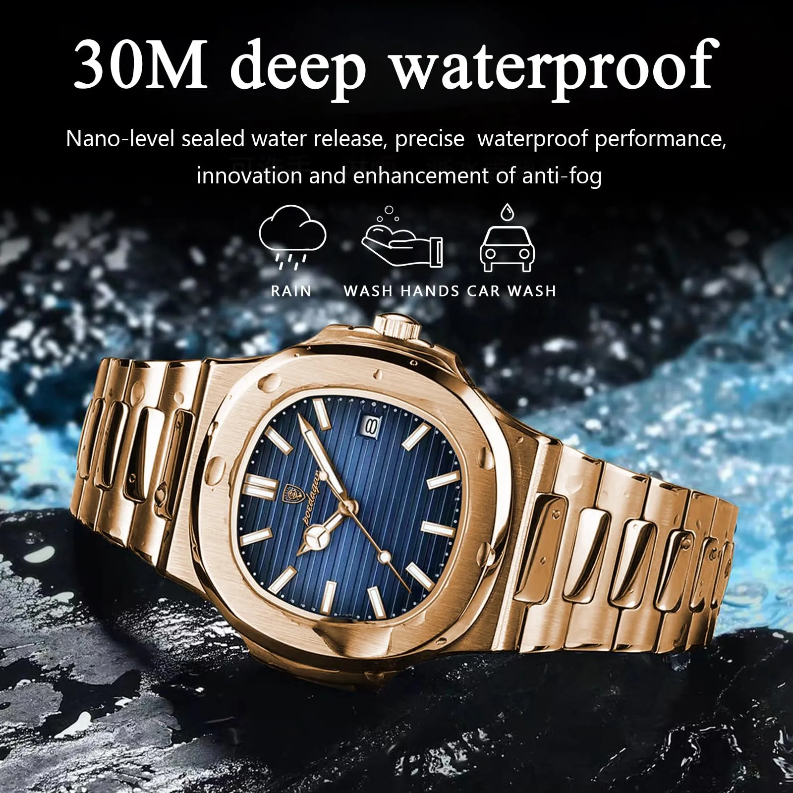 Poedagar Orologio da polso da uomo alla moda, cinturino in acciaio inox, al quarzo, impermeabile, luminoso, con data, quadrato, da uomo, Argento Nero S - immagine 2