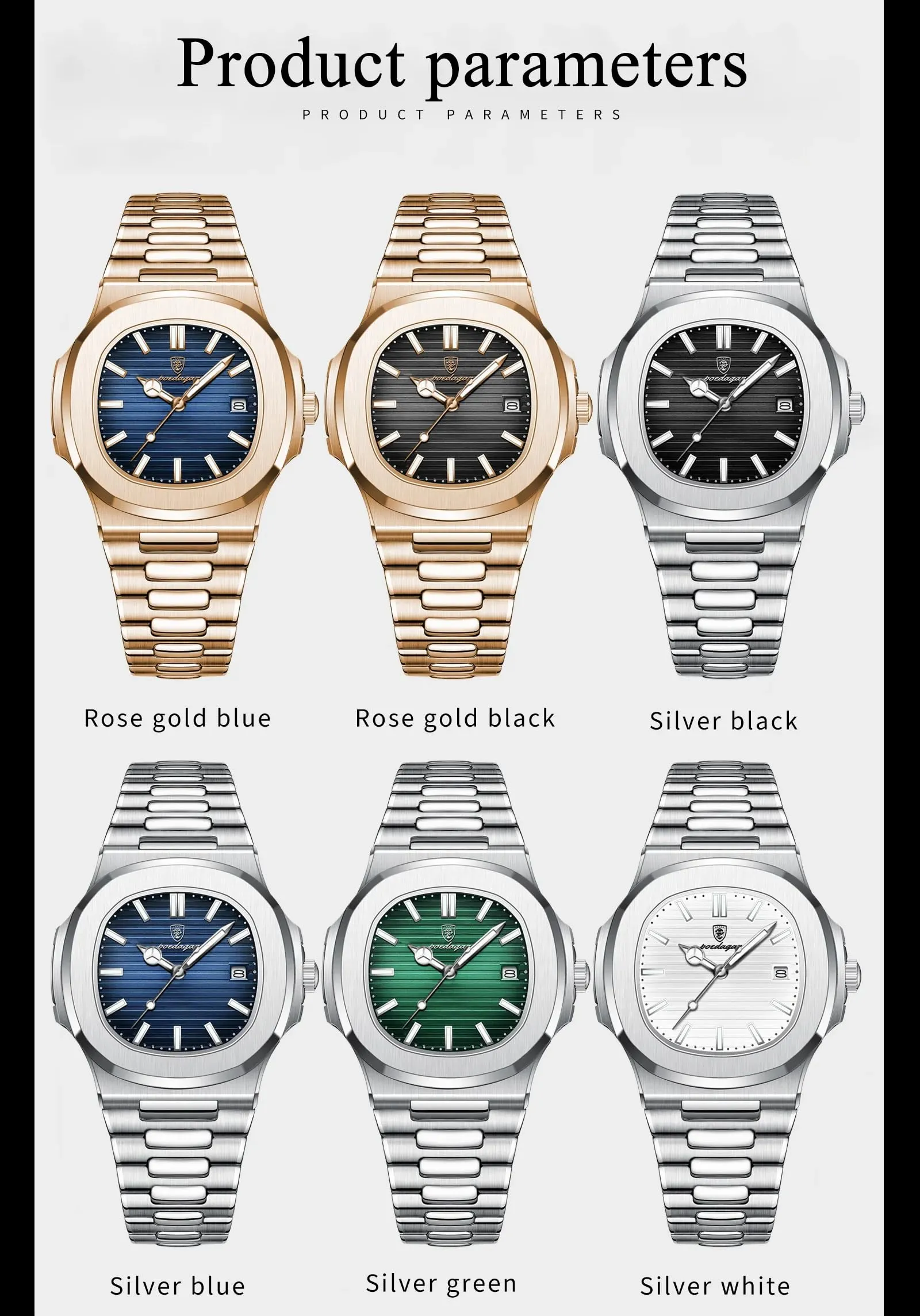 Poedagar Orologio da polso da uomo alla moda, cinturino in acciaio inox, al quarzo, impermeabile, luminoso, con data, quadrato, da uomo, Argento Nero S - immagine 6