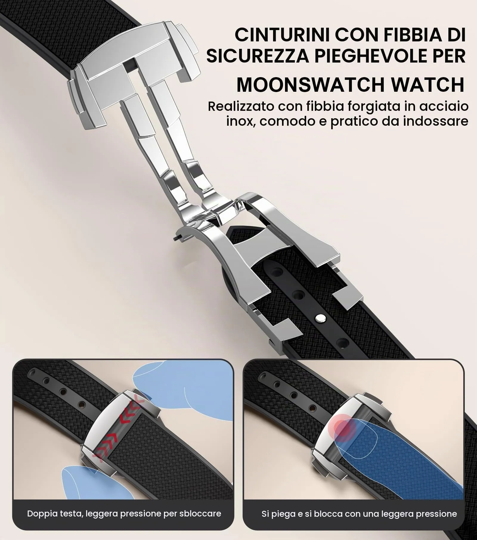 Cinturino per orologio Omega x Swatch MoonSwatch da 20 mm, pieghevole con fibbia compatibile con Omega X, Swatch MoonSwatch Speedmaster, curvo senza spazi vuoti - immagine 3