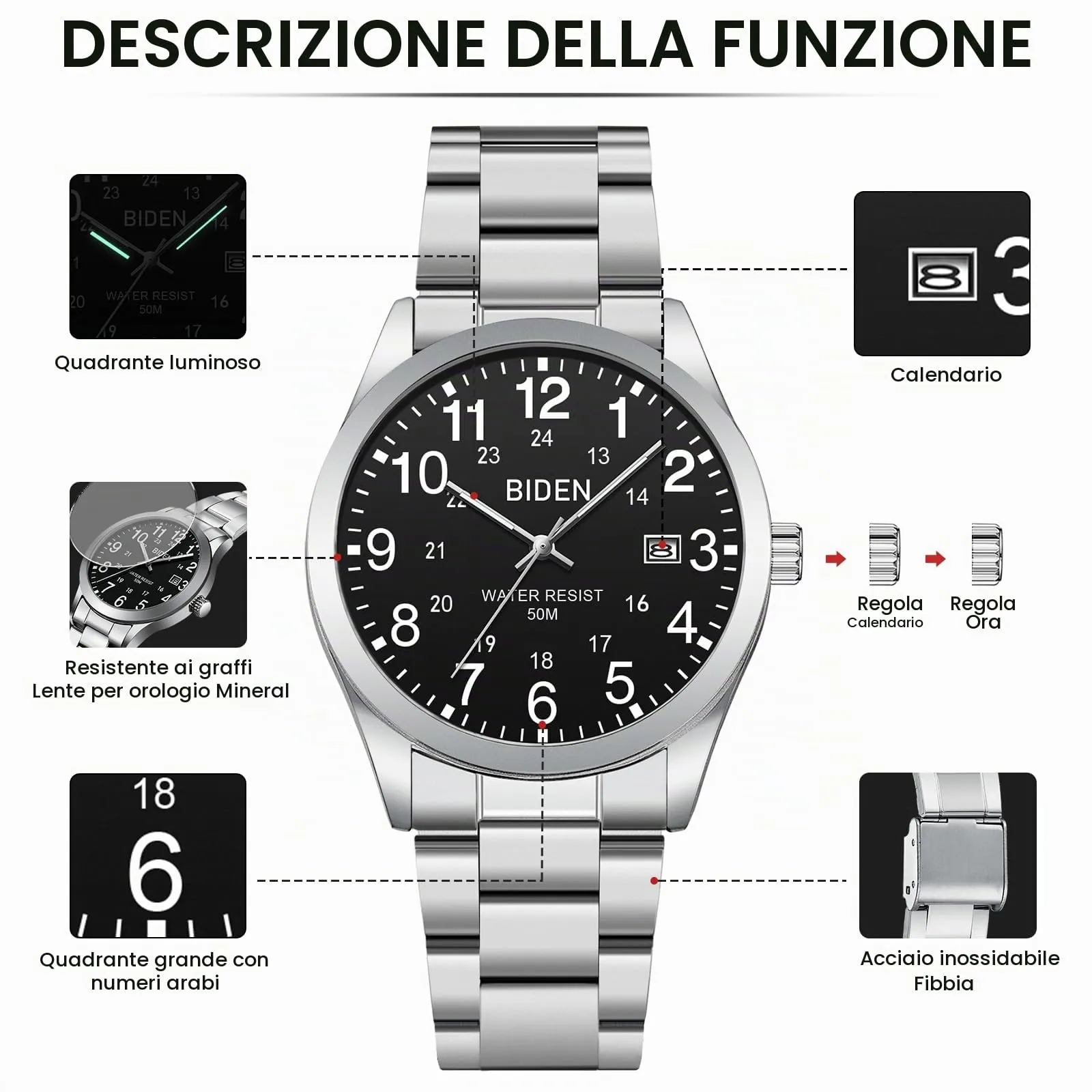 LN LENQIN Orologio Uomo Acciaio Inox Analogico Quarzo Impermeabile Datario - immagine 8